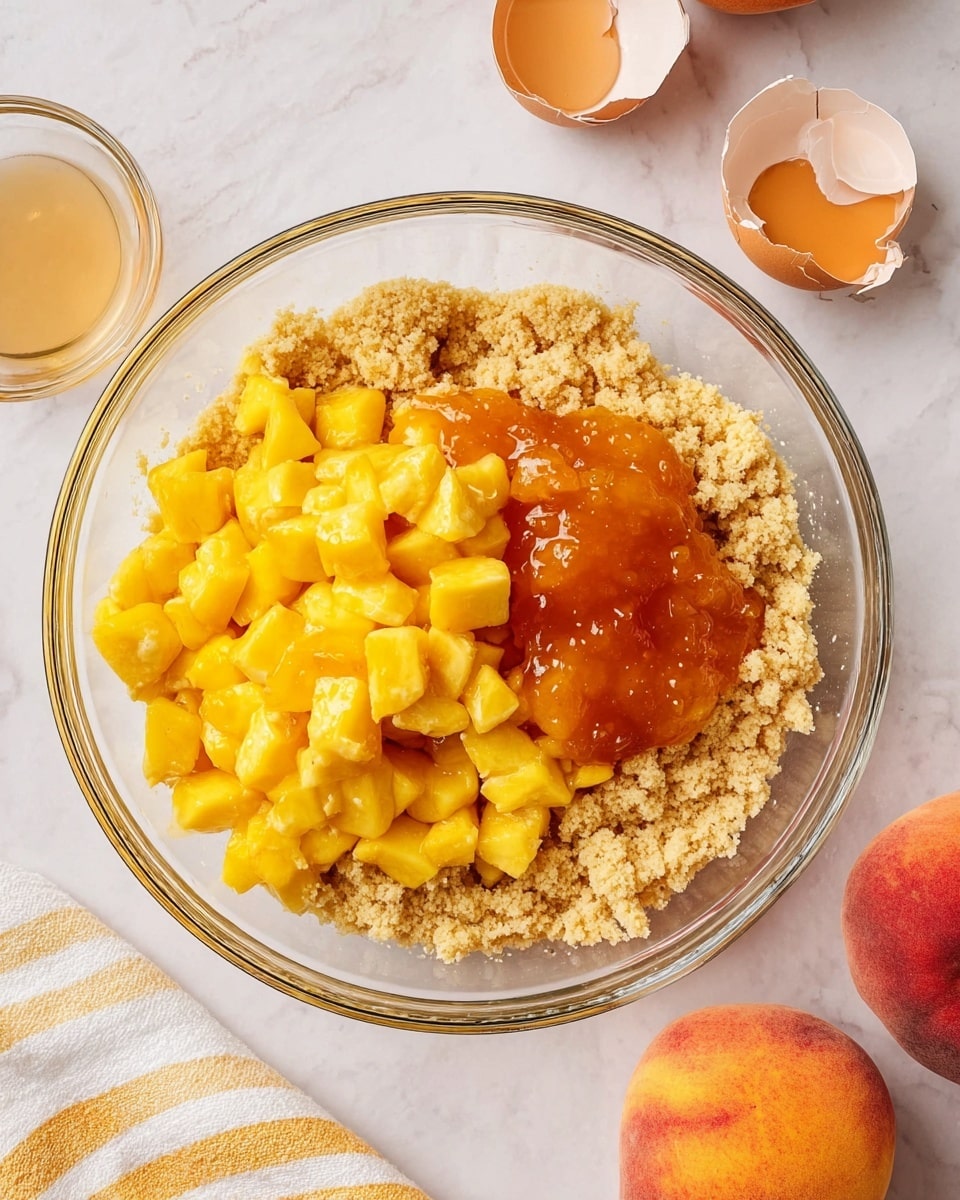 A clear glass bowl sits on a white marbled surface, filled with three layers of ingredients. The bottom layer is light brown crumbly dough, roughly textured and spread evenly in the bowl. On top of the dough, bright yellow diced fruit pieces, likely peaches, are piled mostly to one side. Next to the fruit, a thick and shiny orange jam or jelly layer sits, its glossy texture contrasting with the crumbly dough and juicy fruit. Nearby, a cracked eggshell and a small glass bowl with a light brown liquid rest on the white marbled surface, with two whole peaches and a white and orange striped cloth partially visible nearby. Photo taken with an iphone --ar 4:5 --v 7