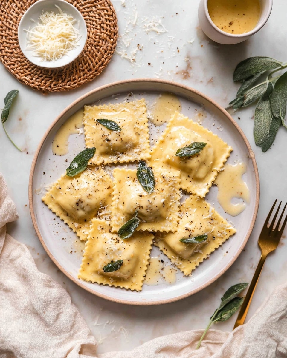 There is a white round plate holding seven ravioli pieces, each square-shaped with ruffled edges and a light golden color. The ravioli are topped with melted butter sauce and small sage leaves sprinkled across. Finely grated cheese and cracked black pepper add texture and contrast on the pasta surface. Around the plate, there is a small white dish with more grated cheese and a wooden spoon on a woven coaster, a small light gray cup of sauce, and a gold fork resting on a white marbled textured surface. A white cloth napkin is partially visible in the lower part of the image. Photo taken with an iphone --ar 4:5 --v 7