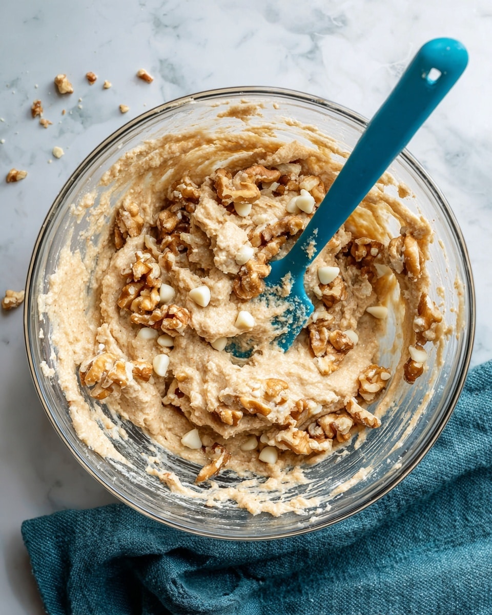 A clear glass bowl filled with a thick light brown batter mixed with many pieces of broken walnuts and white chocolate chips scattered on top and throughout. A blue spatula is partially buried in the mixture with some batter stuck on it. The bowl sits on a white marbled surface with a dark teal cloth partially visible underneath. Photo taken with an iphone --ar 4:5 --v 7