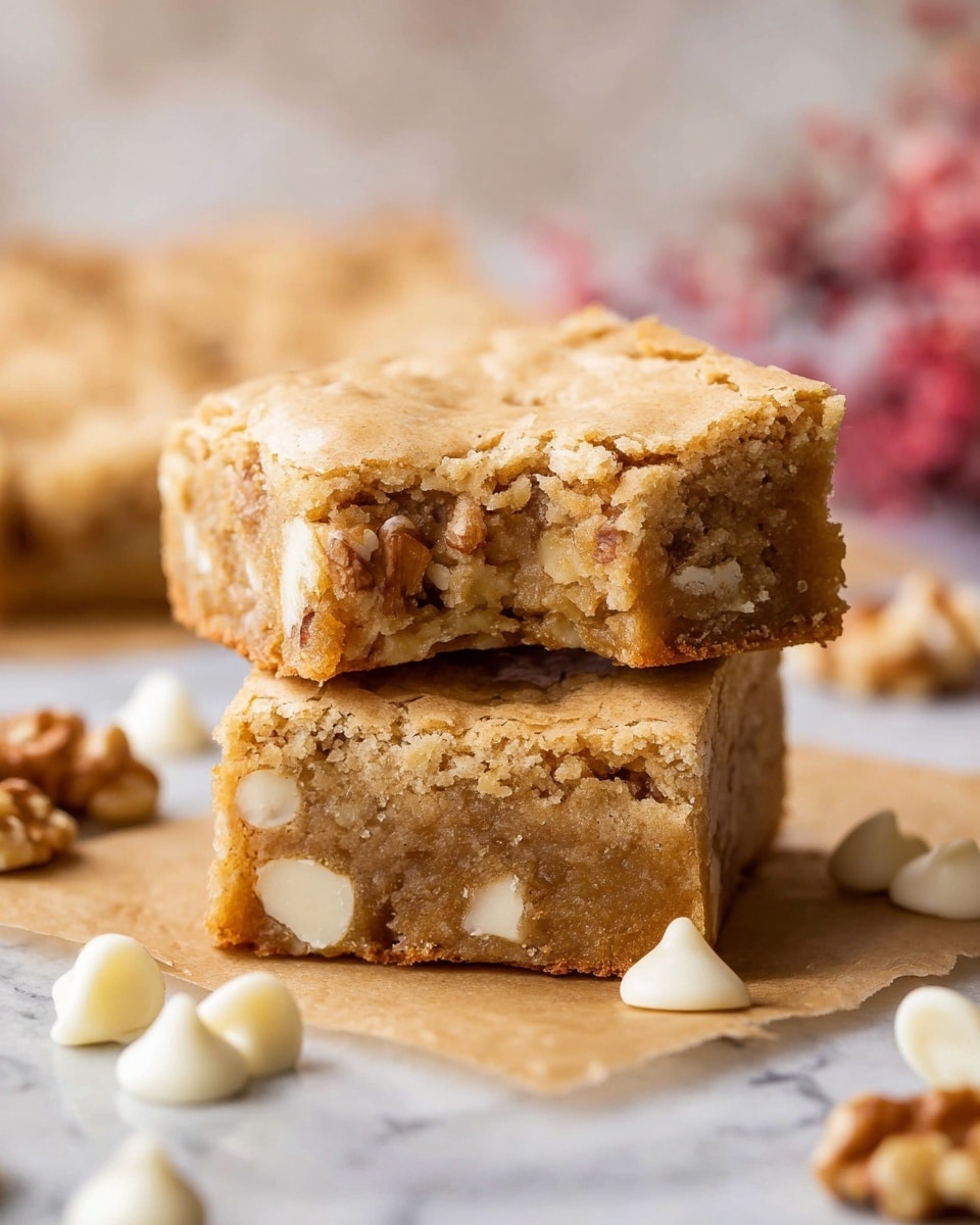 Two square blondie bars stacked on top of each other sit on brown parchment paper over a white marbled surface. The top blondie bar has a bite taken out of its corner, showing a soft, light golden inside filled with visible white chocolate chips and walnut pieces. The bottom bar is whole, displaying a textured surface with embedded nut chunks and white chocolate bits. Around the blondies, there are scattered white chocolate chips and walnut halves. The background is softly blurred with subtle colors. photo taken with an iphone --ar 4:5 --v 7
