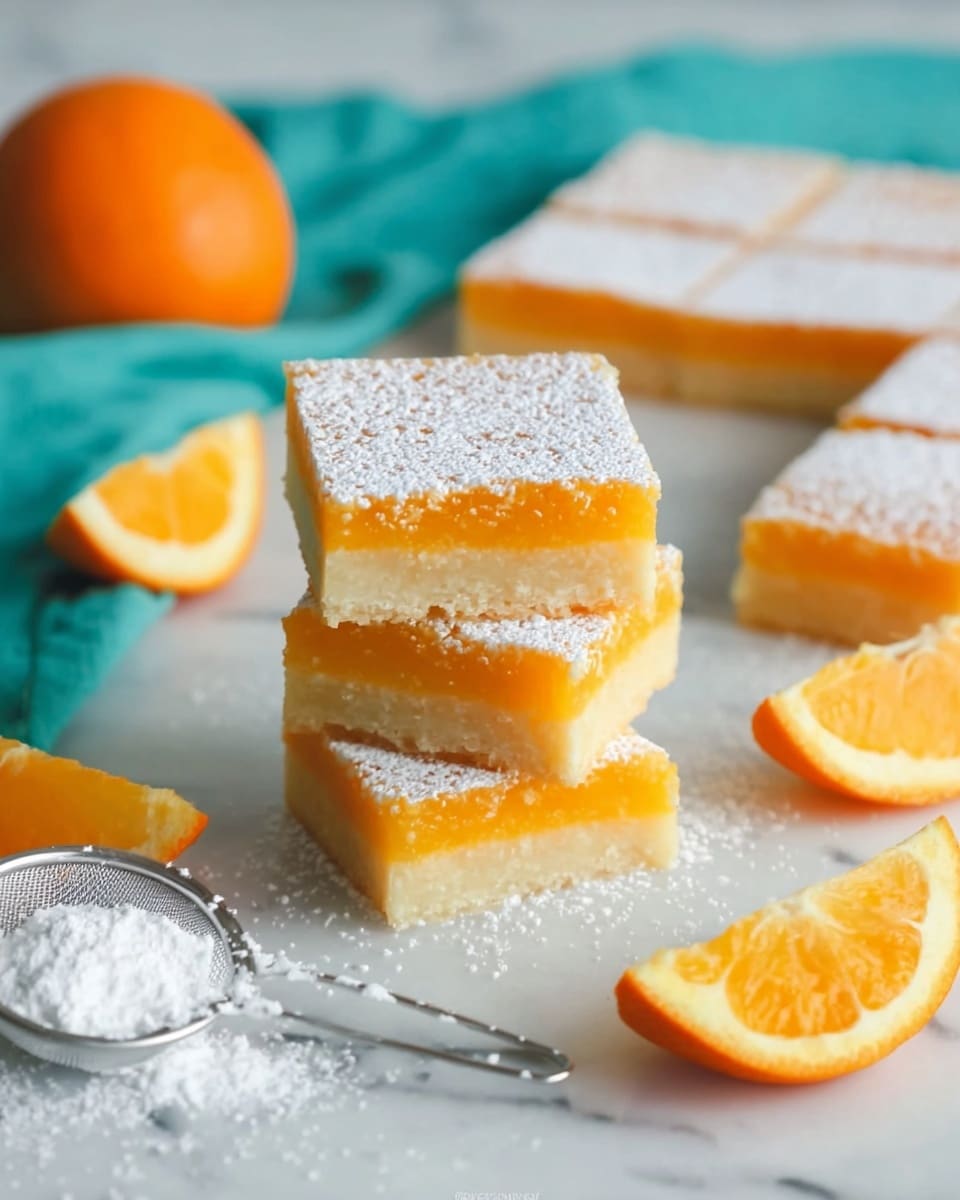The image shows a stack of three orange squares with a pale crust layer on the bottom and a thicker, bright orange layer on top dusted with white powdered sugar. Behind the stack are several more squares neatly arranged in rows on a white marble surface. Around the dessert, there are fresh orange wedges and a whole orange in the background next to a teal cloth. In the foreground, there is a white-handled sieve filled with powdered sugar. The scene is lit softly, highlighting the texture and colors of the dessert, with a white marbled table below photo taken with an iphone --ar 4:5 --v 7