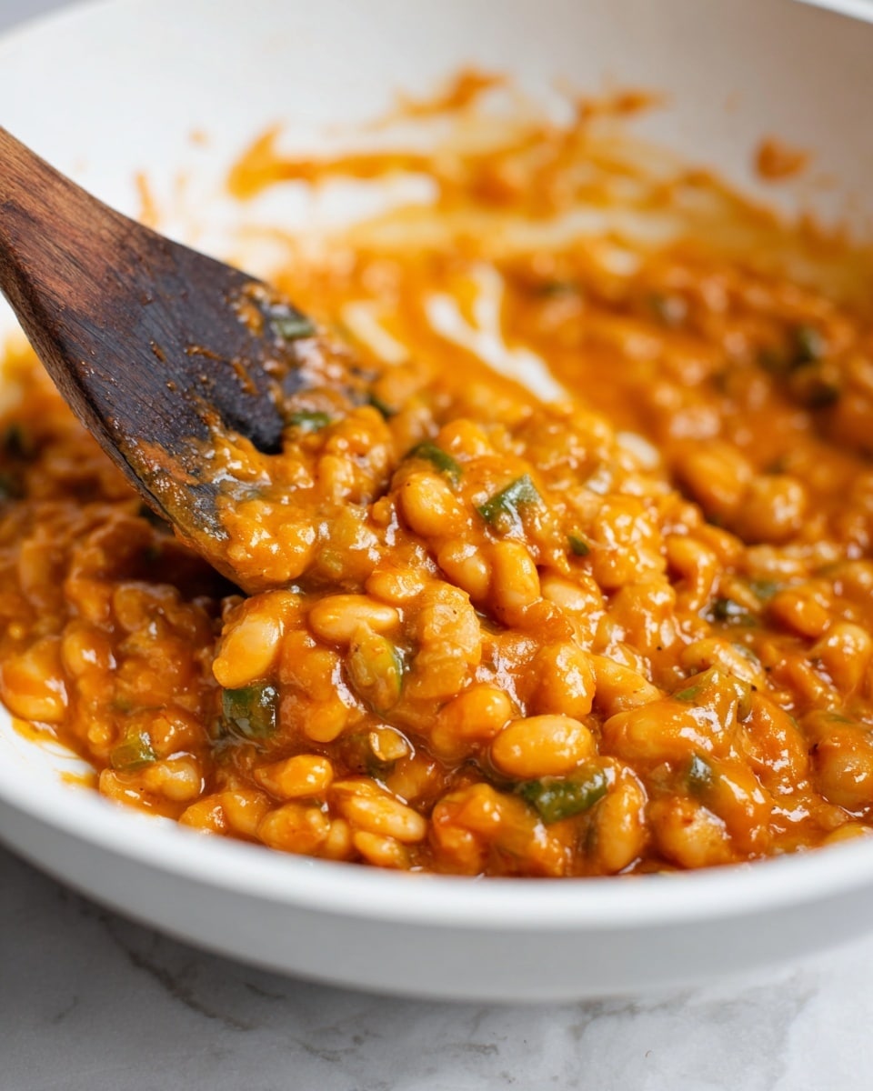 A close-up of a white dish filled with a single layer of thick, orange sauce mixed with small pieces of white beans and green vegetable bits, giving it a chunky texture. In the dish, a burnt wooden spoon is stirring the mixture, showing smears of the orange sauce on the dish's side. The background is softly blurred with a white marbled texture below the dish. photo taken with an iphone --ar 4:5 --v 7