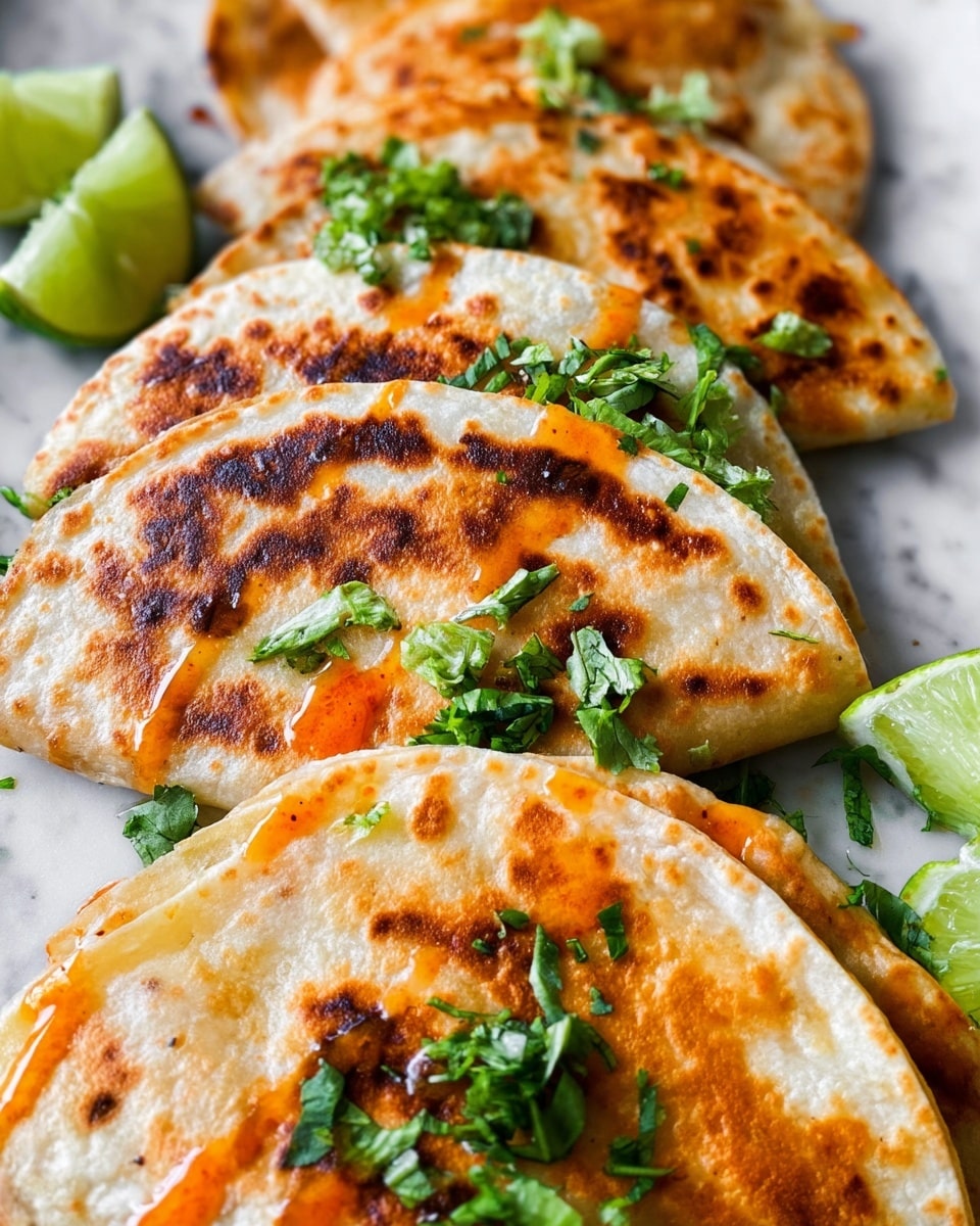The image shows several golden brown quesadillas with a crispy, toasted texture, layered flat and slightly overlapping each other on a white marbled surface. Each quesadilla has a warm, light golden layer with some darker brown spots from cooking. On top, there is a scattered layer of finely chopped green lettuce and herbs, adding fresh color contrast. Bright orange sauce drizzles appear on some quesadillas, bringing a pop of vivid color. In the background, there are a few wedges of fresh green lime adding a touch of brightness to the scene. The overall look is warm, fresh, and colorful. photo taken with an iphone --ar 4:5 --v 7