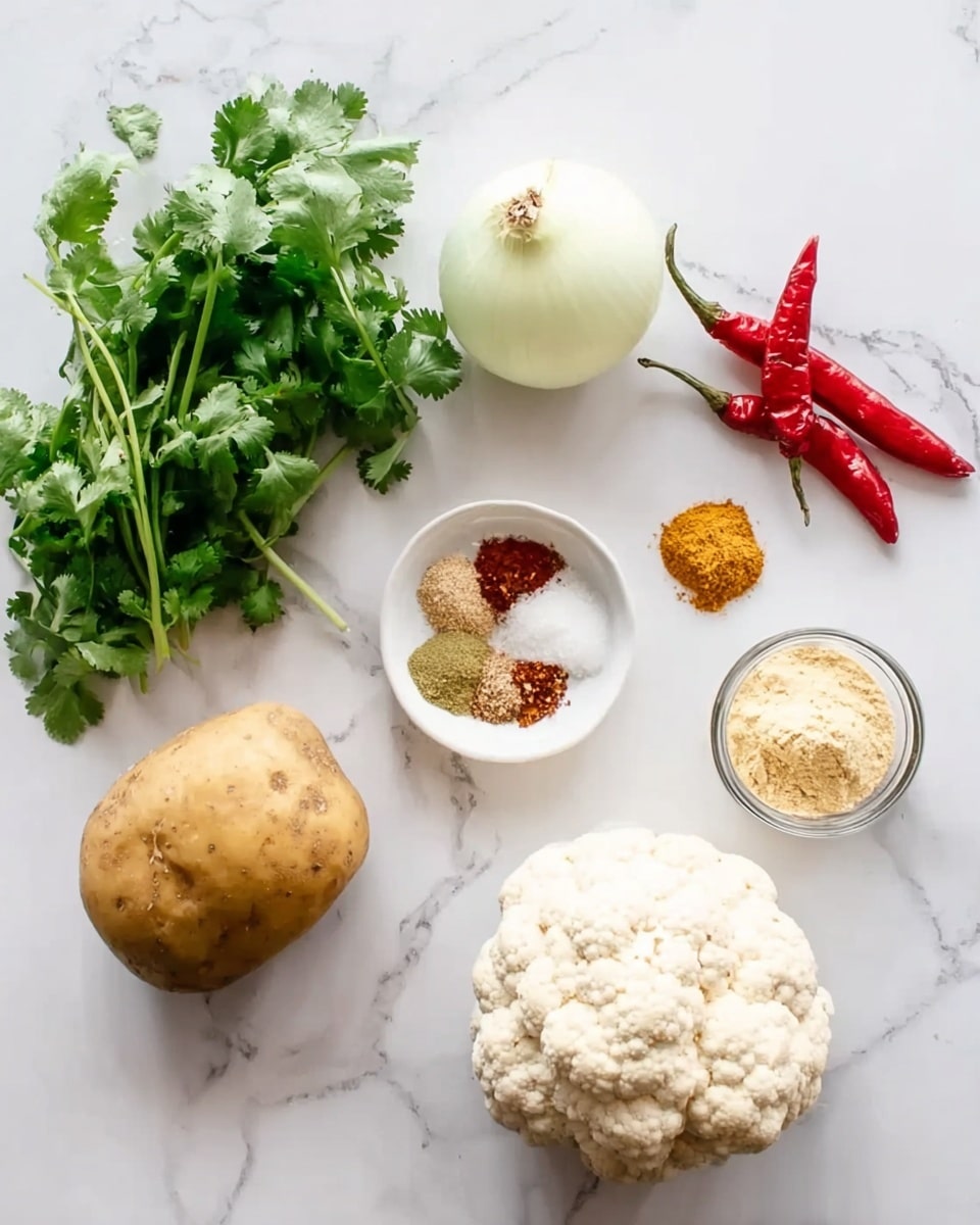 The image shows several ingredients laid out on a white marbled surface. On the left, there is a bunch of fresh green cilantro next to a half white onion and a whole yellow onion below it. To the right of the onions is a light brown potato, and above it are two bright red chili peppers and a small piece of fresh ginger. Near the center right is a small white bowl filled with different spices, including white, red, brown, and yellow powders. At the bottom right corner, there is a clear glass bowl filled with a pale yellow powder, and next to it on the far right is a white cauliflower head. The items are spaced evenly and neatly arranged. photo taken with an iphone --ar 4:5 --v 7