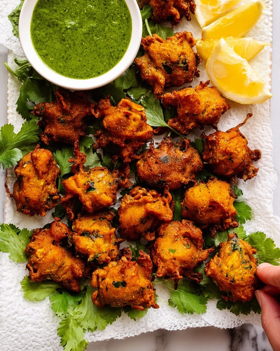 The image shows a white plate filled with crispy golden-brown fritters, each irregularly shaped with a crunchy texture and small green herb bits visible inside. They are scattered on fresh green cilantro leaves that add a touch of bright color underneath. At the top left of the plate, there is a small white bowl filled with thick bright green sauce. Next to the bowl, three lemon wedges with a fresh yellow color lean against the bowl. A woman's hand dips one of the fritters into the sauce. The plate rests on a white marbled surface. photo taken with an iphone --ar 4:5 --v 7