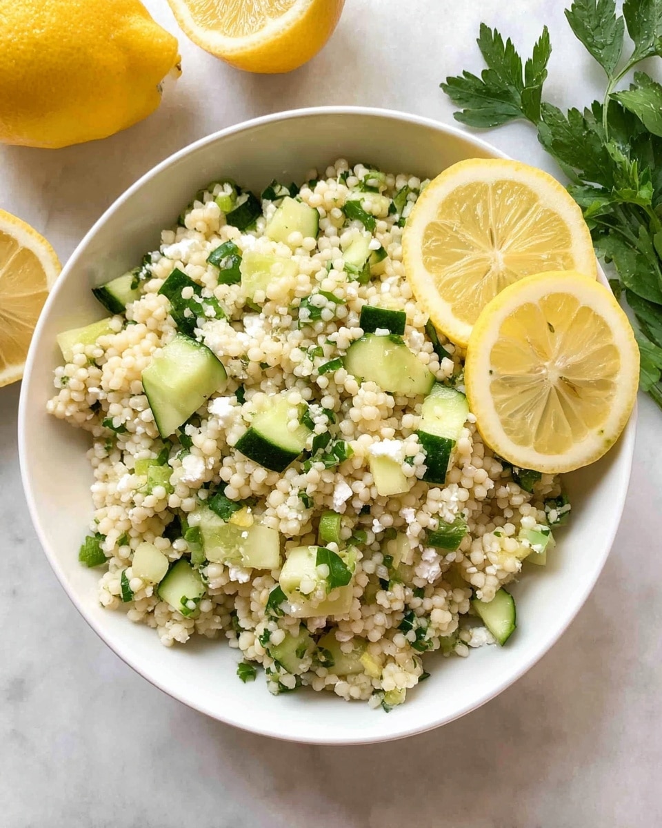 A white bowl filled with a light couscous salad mixed with small white grains, green cucumber chunks, and small bits of white cheese, garnished with green herb pieces, two bright yellow lemon slices placed on the right edge of the bowl, all sitting on a white marbled surface with halved lemons and green parsley leaves nearby, photo taken with an iphone --ar 4:5 --v 7