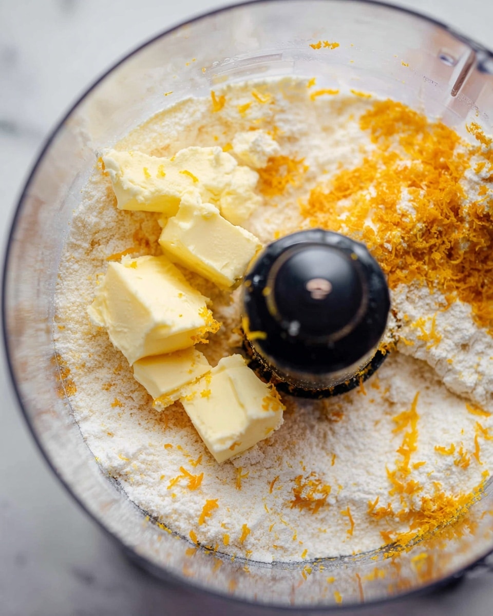 A close-up view inside a clear food processor shows three light yellow butter pieces sitting on top of a white powdery layer with bright orange zest scattered unevenly across it. The black central blade of the processor rises through the middle, contrasting with the soft textures of the butter and powder. The bottom and sides of the processor bowl are visible, all set against a white marbled surface. photo taken with an iphone --ar 4:5 --v 7