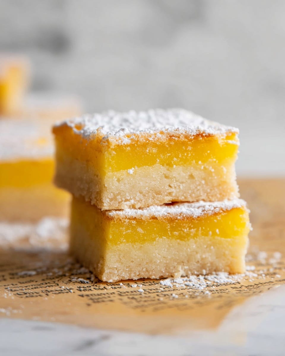 The image shows two square lemon bars stacked on top of each other on a piece of parchment paper with printed text. Each bar has two layers: the bottom layer is thick and light tan with a crumbly texture while the top layer is thinner, bright yellow, smooth, and slightly shiny. Both bars are dusted with a light layer of white powdered sugar. The background is softly blurred with a white marbled texture surface barely visible. photo taken with an iphone --ar 4:5 --v 7