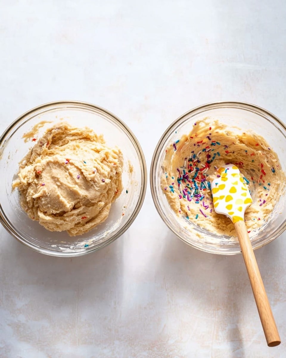 The image shows two clear glass bowls on a white marbled surface. The left bowl contains a light tan thick dough that looks creamy and smooth with some texture. The right bowl also has a similar dough but with colorful sprinkles mixed in, adding small red, blue, purple, and yellow spots. A wooden spoon with a yellow and white citrus patterned silicone spatula rests inside the right bowl, partly covered with dough. The light creates soft shadows under the bowls, highlighting the creamy texture of the dough. photo taken with an iphone --ar 4:5 --v 7