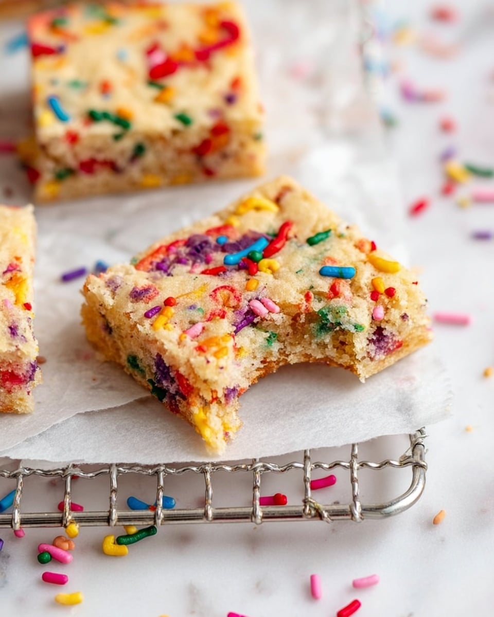 The image shows a close-up of a square cookie with colorful sprinkles mixed into the dough. The cookie has one bite taken out, revealing a soft, slightly crumbly texture inside with more sprinkles visible. The top layer is light golden brown with bright reds, yellows, oranges, purples, and greens from the sprinkles. It rests on a piece of white parchment paper that is placed on a wire cooling rack over a white marbled surface. More sprinkles are scattered around the cookie on the surface. Photo taken with an iphone --ar 4:5 --v 7