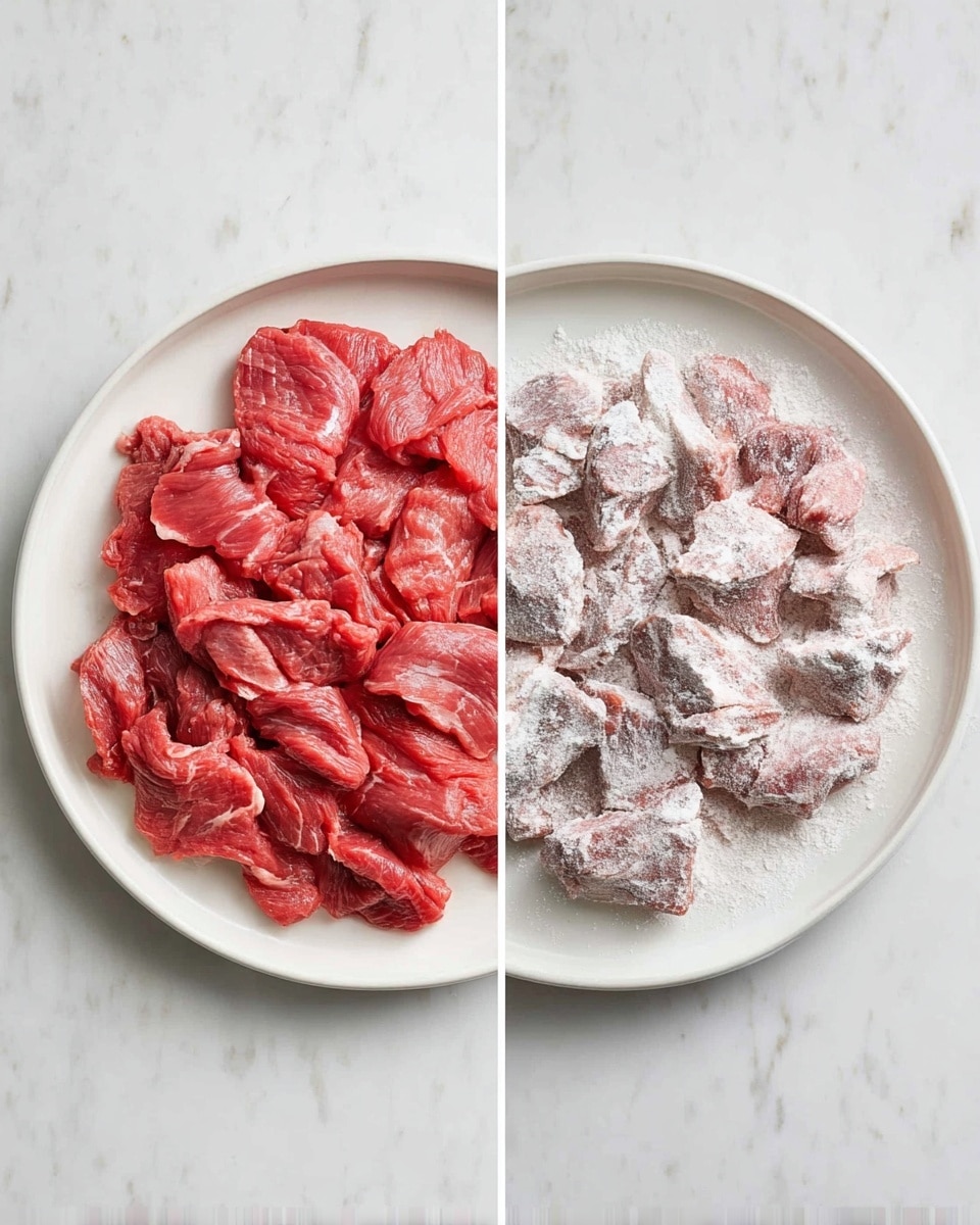 Two images side by side on a white marbled surface, each showing a white plate filled with pieces of raw red meat. The left plate has smooth, bright red slices of meat layered flat and closely packed, showing some thin fat lines and natural texture. The right plate shows similar meat pieces, but covered in a white powdery flour layer, giving a rougher texture and lighter look where the flour sticks, with the pinkish red meat slightly visible underneath. photo taken with an iphone --ar 4:5 --v 7