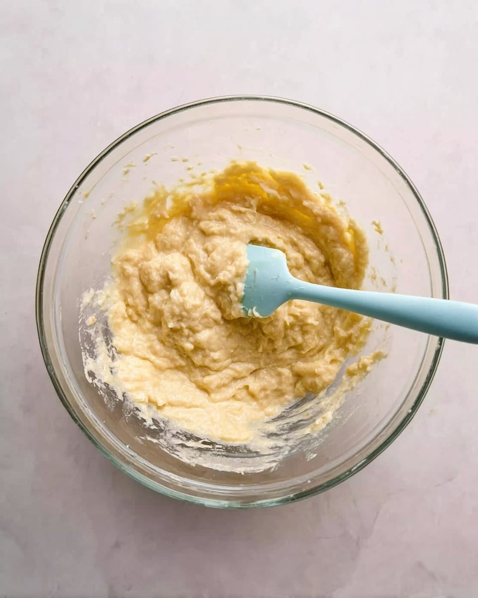 A clear glass mixing bowl filled with a thick, pale yellow batter with small lumps spread throughout. Inside the bowl, a light blue spatula rests partially submerged in the batter, with some batter clinging to the spatula. The bowl sits on a white marbled surface with soft natural lighting creating gentle shadows. The scene is simple and focuses closely on the texture and color of the batter and spatula. photo taken with an iphone --ar 4:5 --v 7