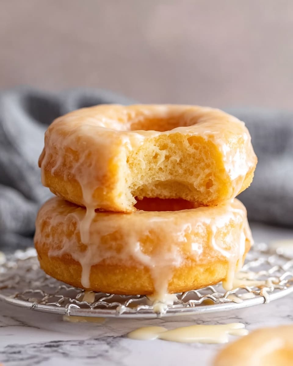 Two stacked round donuts with light yellow glaze dripping down the sides sit on a white metal wire rack. The top donut has a bite taken out, showing a soft, airy inside with a spongy texture. The surface underneath the rack is a white marbled texture with some spilled glaze around it. In the soft background, there is a gray cloth, adding a calm, neutral touch. The lighting makes the glaze look shiny and the donuts soft. Photo taken with an iphone --ar 4:5 --v 7