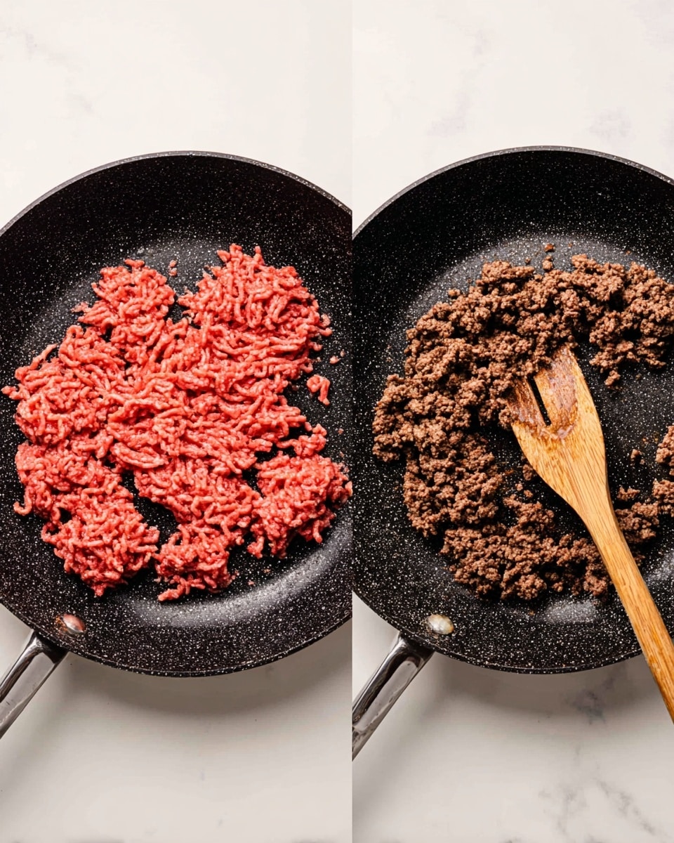 Two black frying pans are shown on a white marbled surface side by side. The left pan holds raw ground meat, bright red and fresh, loosely spread across the pan's bottom layer with a slightly wet texture. The right pan contains cooked ground meat, brown and crumbly, unevenly spread across the pan’s surface. A wooden spoon with a natural wood texture is stirring the cooked meat from the right side towards the center. Both pans have a smooth, matte black inside with a faint speckled pattern. photo taken with an iphone --ar 4:5 --v 7