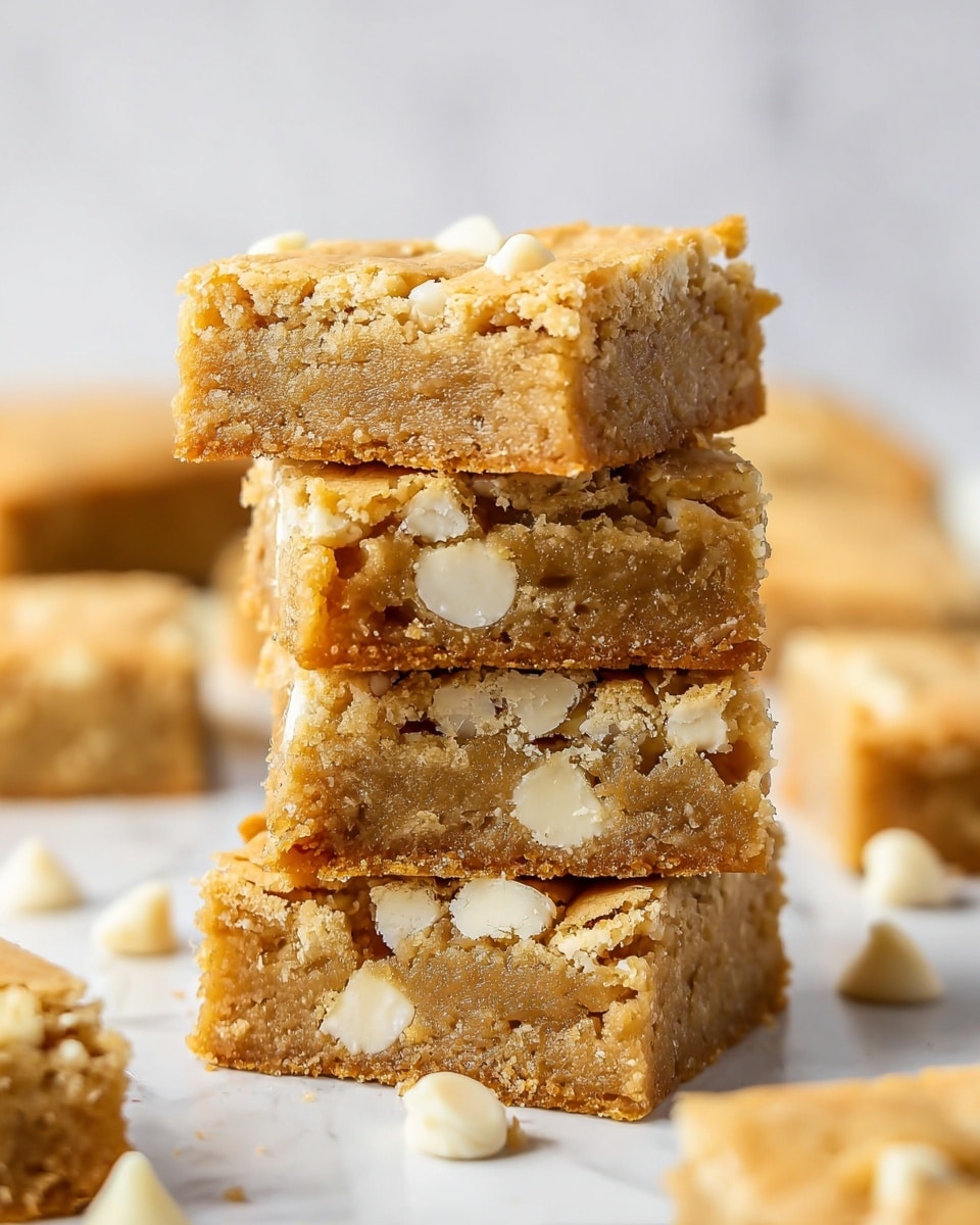 A stack of four light golden brown blondie squares with a slightly crumbly top layer and soft, chewy texture inside. Each blondie has many white chocolate chunks embedded within, visible in every layer and side. The stack is placed on a white marbled surface with more blondie pieces scattered softly in the blurred background, giving a cozy and inviting feel. Photo taken with an iphone --ar 4:5 --v 7