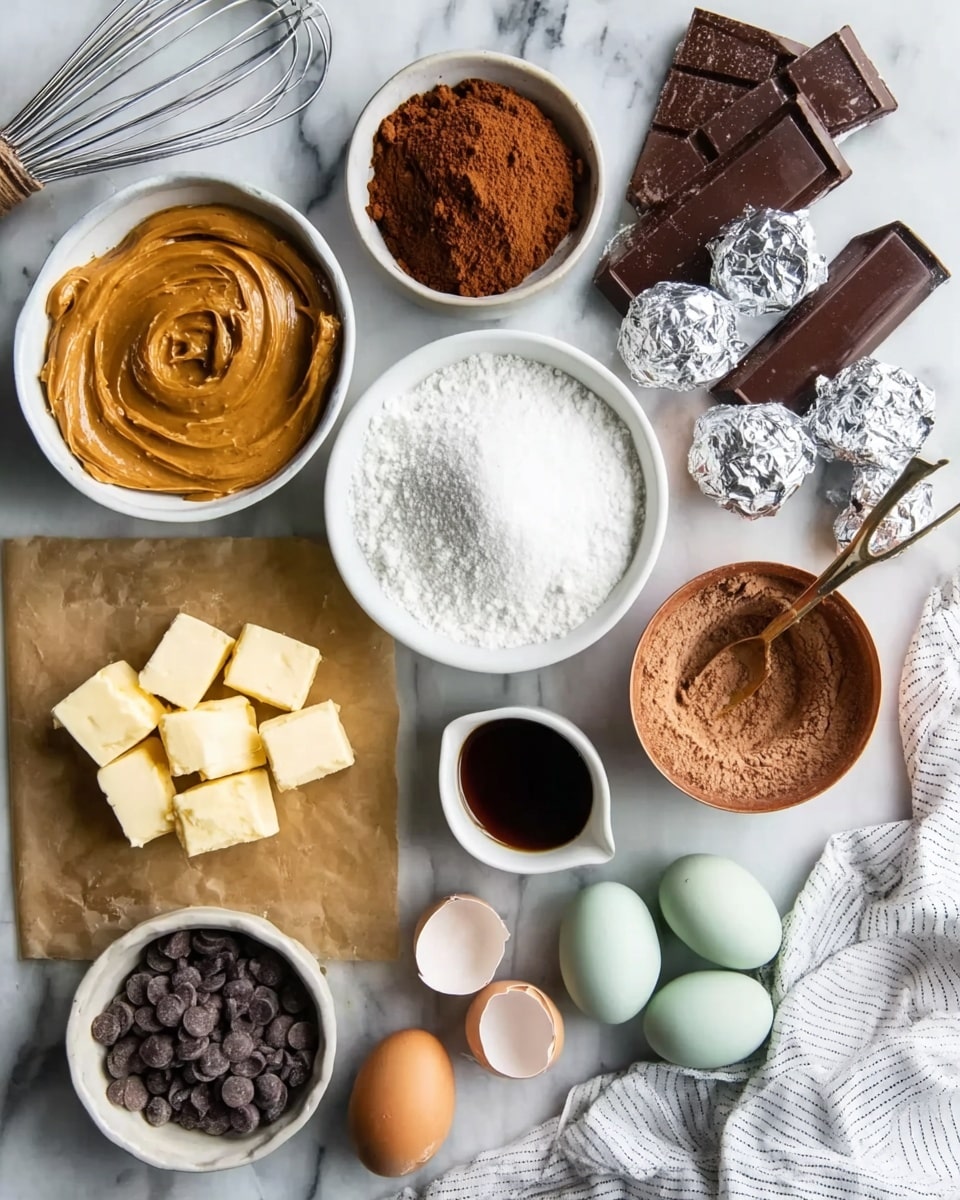 The image shows a white marbled surface with different baking ingredients arranged neatly. At the top left, there is a white bowl filled with smooth peanut butter, next to scattered pieces of dark chocolate wrapped partially in silver foil on the right. Below, a white bowl holds brown cocoa powder, and nearby, a copper measuring cup is filled with white flour. In the center, a large white bowl holds white sugar, beside it is a small white cup with dark liquid syrup. To the left, a rectangular piece of brown parchment paper has several cubes of pale yellow butter on it. At the bottom left, a small bowl contains dark chocolate chips, next to two cracked eggshells and a bowl holding one cracked egg. There is also an uncracked pale green egg and a pale brown egg nearby. On the right edge of the image, a white striped cloth with a whisk resting on top can be seen. A woman’s hand holding a spatula with peanut butter on it is also visible at the top left corner. Photo taken with an iphone --ar 4:5 --v 7