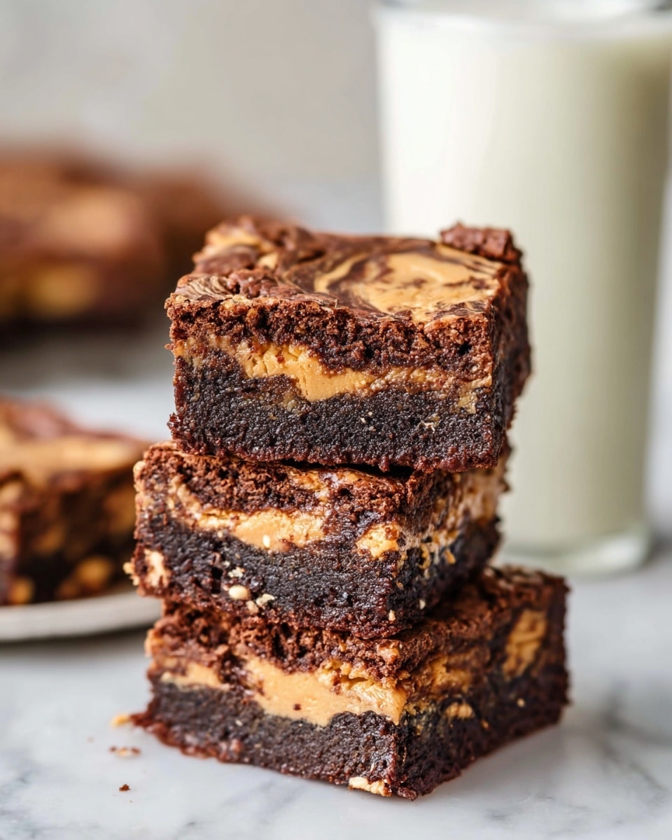 A stack of three square brownies is shown on a white marbled surface. Each brownie has visible layers: a dark, dense chocolate base, a creamy tan peanut butter swirl in the middle, and a cracked, slightly craggy chocolate top with light golden swirls. The edges show a rich, fudgy texture with bits of peanut butter embedded inside. In the blurry background, there is a tall glass of milk. Photo taken with an iphone --ar 4:5 --v 7