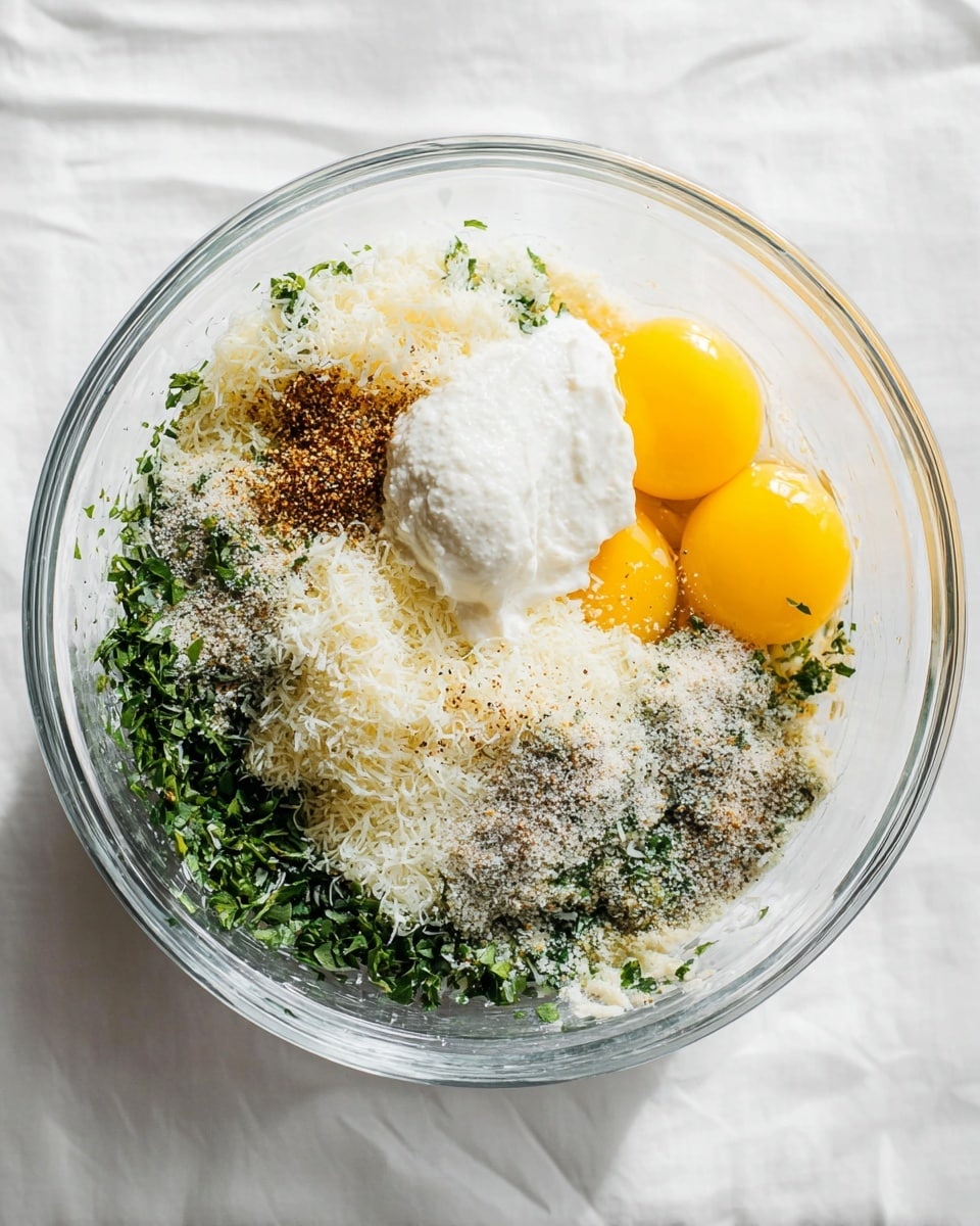 A clear glass bowl sits on a white marbled surface, filled with layers of ingredients ready to be mixed. At the bottom, there is a base of chopped green herbs. On top, two bright yellow egg yolks sit side by side on the right. To their left, there is a pile of finely grated white cheese with a fluffy texture. Above the cheese, a dollop of thick white cream rests prominently. Spices in brown and gray tones are sprinkled over the cheese and green herbs. The bowl is brightly lit, showing a fresh and clean cooking setup photo taken with an iphone --ar 4:5 --v 7