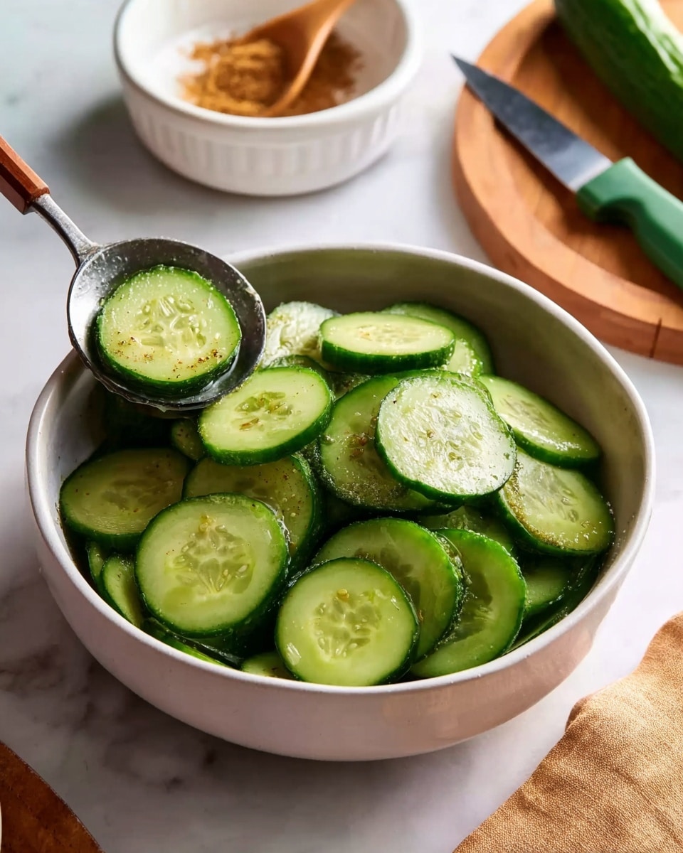 A white bowl filled with many round slices of green cucumber with a fresh, slightly wet texture. On the left side of the bowl, a metal spoon with a wooden handle holds some cucumber slices above the bowl. Behind the bowl, there is a white bowl with a brown powdery spice inside and a round wooden tray with a green-handled knife and a whole cucumber on it. The whole setting is on a white marbled surface. Photo taken with an iphone --ar 4:5 --v 7