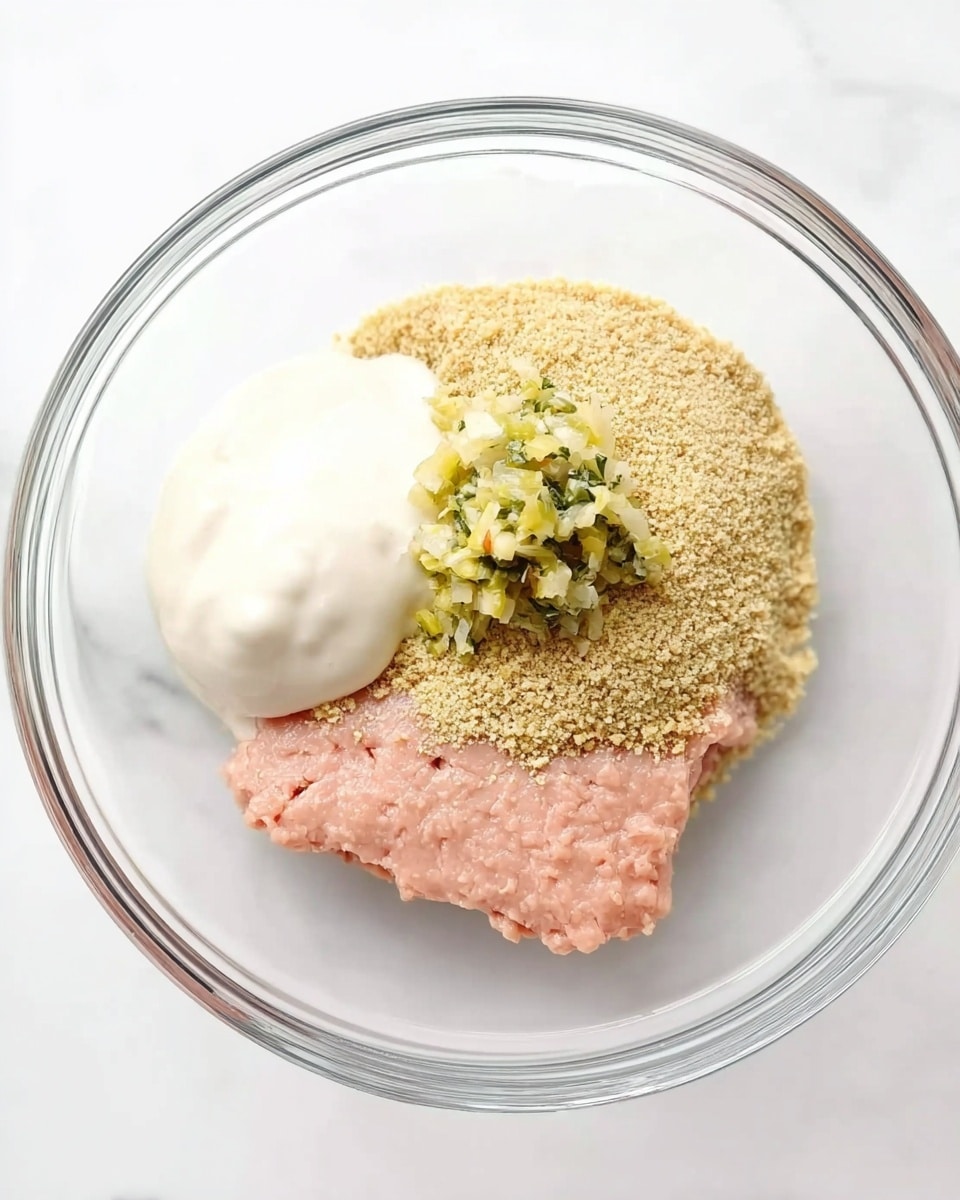A clear glass bowl on a white marbled surface holds four distinct layers: in the bottom right, a smooth pale pink raw meat paste, next to it on the left, a rounded dollop of thick white creamy sauce, above the sauce, a light tan powdery layer of breadcrumbs covers nearly half the bowl, and directly above the meat paste, a small pile of finely chopped pale green and light yellow vegetables with some herbs. Photo taken with an iphone --ar 4:5 --v 7