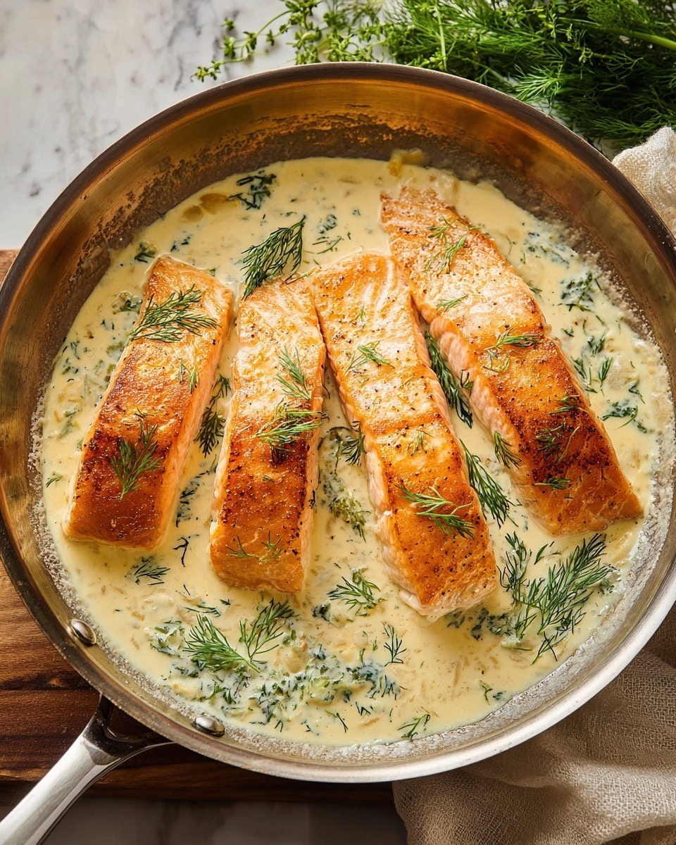 Four golden brown salmon fillets with crispy edges are placed side by side in a silver pan, partially submerged in a creamy white sauce with visible herbs like dill mixed in. The sauce has a smooth texture and light bubbling, with sprigs of fresh green dill scattered on top and around the fillets. The pan handle is visible on the right, and there is a cream-colored cloth with green herbs in the background on a white marbled surface. photo taken with an iphone --ar 4:5 --v 7