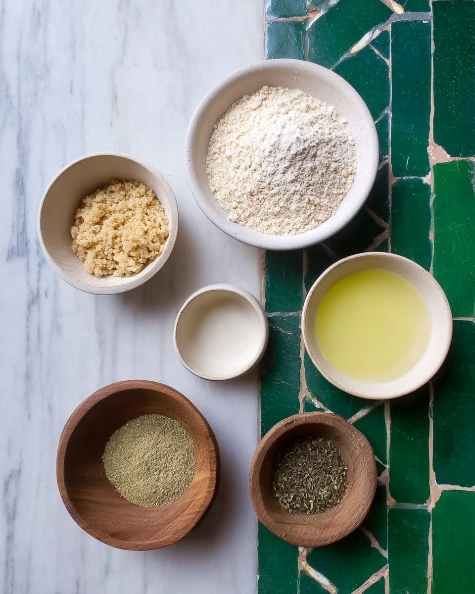 The image shows six small white bowls arranged on a white marbled surface with a green tile pattern beneath them. The biggest bowl in the center holds a light tan powder with a crumbly texture. Above it, a medium-sized bowl is filled with fine white powder resembling flour or sugar. To the right of the white powder bowl, another medium bowl contains a pale yellow liquid. To the left of the center bowl is a tiny empty white bowl. Below this, a small wooden bowl contains a greenish dried herb powder, while to the right of the center bowl, another small wooden bowl holds a dark green leafy powder. All bowls are simple and round. photo taken with an iphone --ar 4:5 --v 7