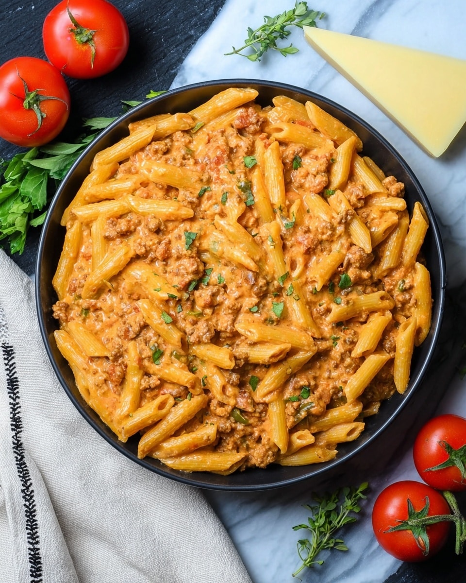 A black bowl filled with pasta dish made of penne pasta mixed with a thick orange-colored creamy sauce with chunks of ground meat and small bits of green herbs scattered on top. The penne pasta is fully covered by the sauce that has a smooth but chunky texture. The bowl is placed on a white marbled surface, with bright red tomatoes and fresh green herb sprigs nearby. A triangular piece of pale yellow cheese rests next to the bowl, and a light-colored cloth with black stitched edges is placed partially under the bowl. photo taken with an iphone --ar 4:5 --v 7