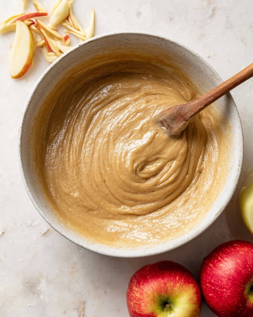 A round white ceramic bowl holds a thick, creamy light brown batter with a smooth and slightly swirled texture inside. A wooden spoon with a long handle rests in the batter, positioned diagonally across the bowl. The background is a white marbled surface. To the right of the bowl, two bright red apples with small green-yellow patches sit side by side. To the top left, some peeled apple shreds and peels are visible, adding a slightly messy touch to the setting. Photo taken with an iphone --ar 4:5 --v 7