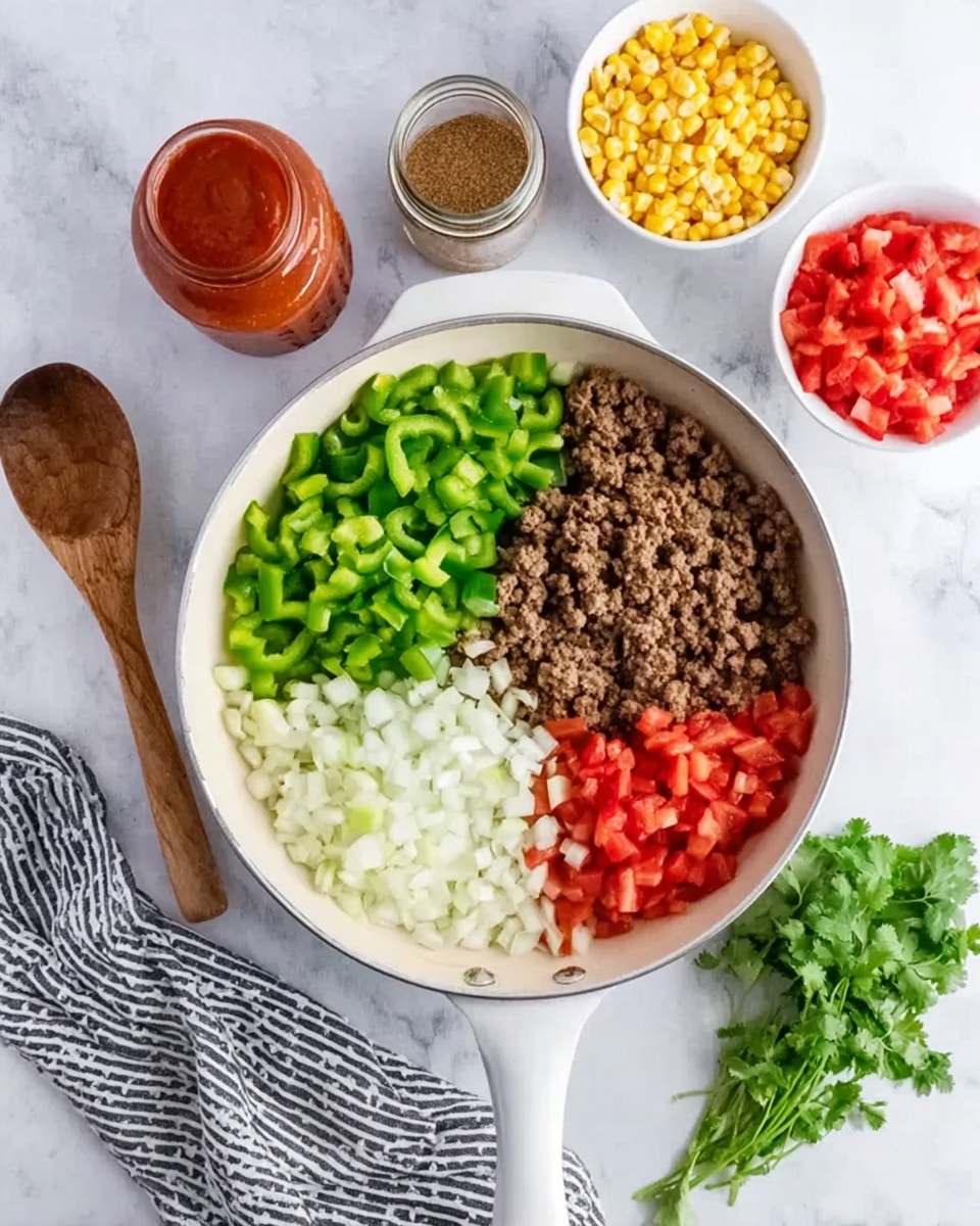 A white pan is placed on a white marbled surface, filled with four layers of ingredients side by side without mixing: on the left, chopped green bell peppers with a fresh, shiny texture; next to it, crumbled cooked ground beef with a brown, crumbly look; then finely diced white onions with a crisp, matte texture; and in front, minced garlic with a slightly creamy color. Around the pan, there is a wooden spoon filled with brown spices, a jar of red tomato sauce, a small white bowl of yellow corn kernels, another small white bowl of diced red tomatoes, a bunch of green fresh cilantro, and a striped black and white cloth, all on the white marbled surface. photo taken with an iphone --ar 4:5 --v 7
