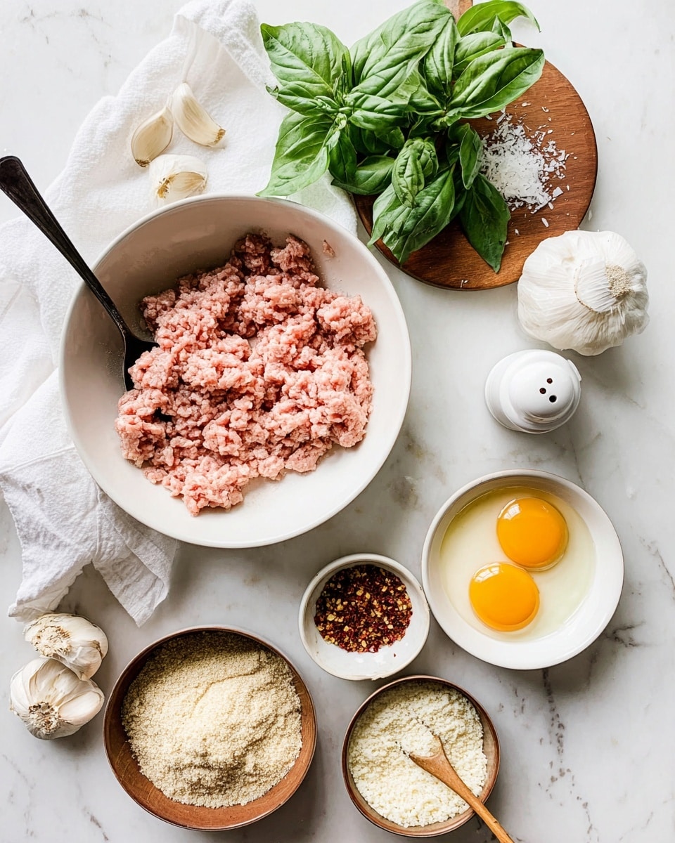 The image shows a top-down view of fresh ingredients set on a white marbled surface. At the center is a white bowl filled with pale pink ground meat, with a black spoon inside. To the right, there is a small white bowl with two raw eggs, showing bright yellow yolks and clear whites. Below the meat bowl, three brown bowls contain light brown breadcrumbs, pale grated cheese, and white creamy cheese with a wooden spoon resting inside. On the left side, there is a white cloth holding a bunch of fresh, bright green basil leaves and a group of garlic cloves nearby. Above, a wooden bowl is filled with coarse white salt, alongside a small white dish holding red chili flakes and white pepper grinder. The setup highlights fresh, raw ingredients in soft natural light. photo taken with an iphone --ar 4:5 --v 7