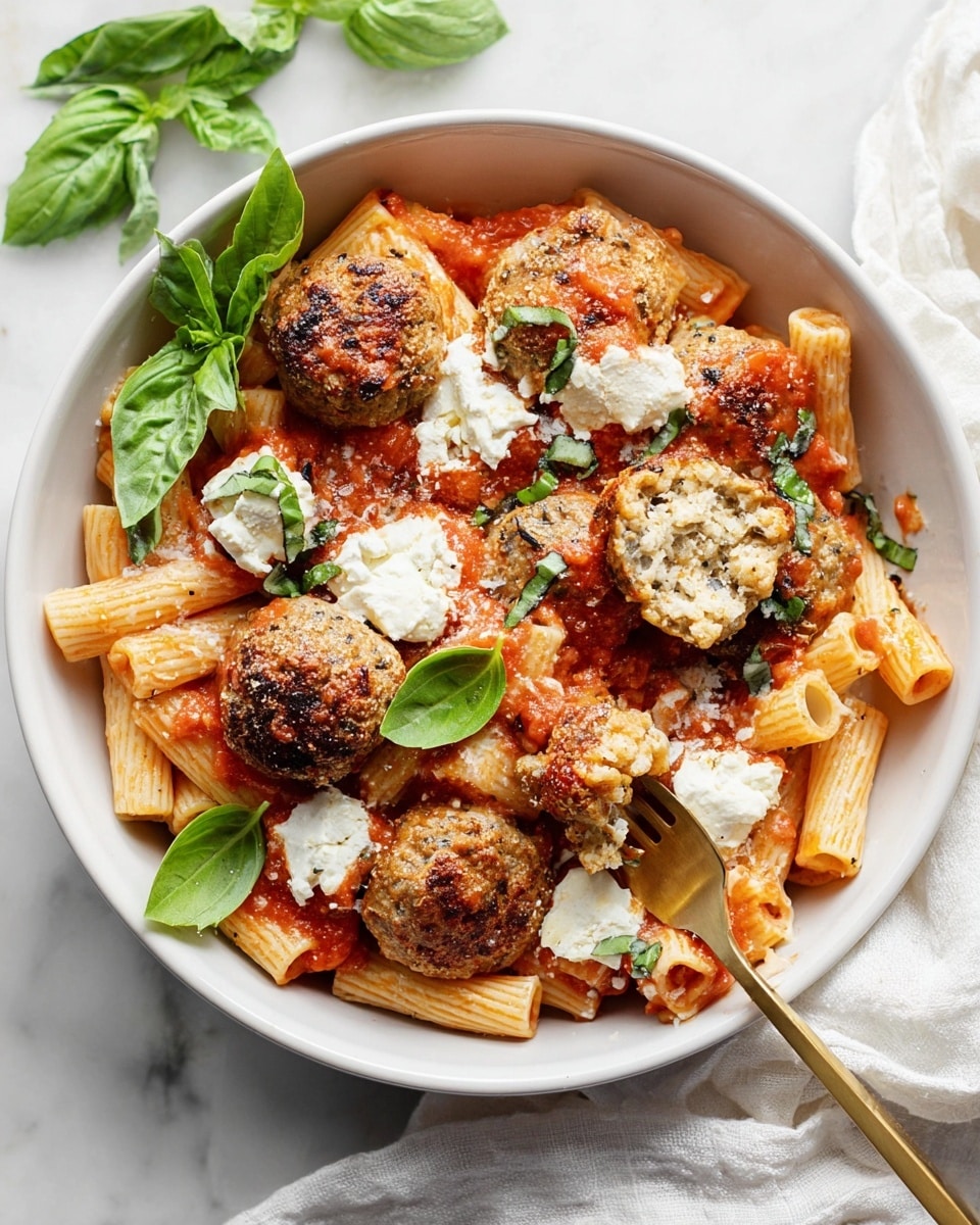 A white bowl filled with short pasta tubes evenly coated in a light red tomato sauce forms the base layer. On top are golden-brown meatballs, some whole and one cut open showing a crumbly, textured interior with herbs. White dollops of soft cheese are scattered across the dish, adding contrast. Fresh green basil leaves are placed around the meatballs and pasta, adding color and freshness. A gold fork rests inside the bowl with a meatball and basil leaf on it. The bowl sits on a white marbled surface with a white cloth and extra basil leaves nearby. photo taken with an iphone --ar 4:5 --v 7
