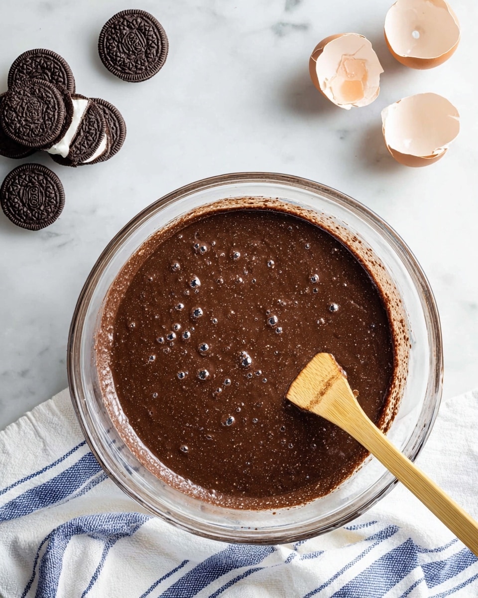 A clear glass bowl filled with thick, dark brown chocolate batter that has small bubbles on the surface; a wooden spoon with some batter on it rests inside the bowl. To the top left, there is a small pile of chocolate sandwich cookies with white cream filling, and on the top right, there are four empty cracked eggshells placed on a white marbled surface. A white cloth with blue stripes is partially visible under the bowl, adding a soft texture to the scene. Photo taken with an iphone --ar 4:5 --v 7