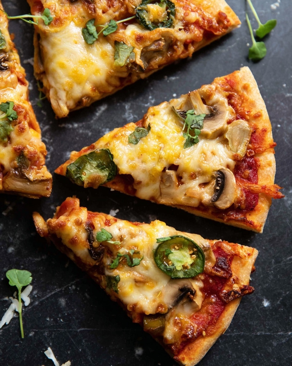 The image shows three slices of pizza on a dark textured surface replaced with white marbled texture, with a thin golden-brown crust. Each slice has a base layer of red tomato sauce, topped with melted light yellow cheese that looks soft and bubbly. There are green slices of jalapeño peppers and bits of light brown mushrooms scattered across the pizza, along with some fresh dark green leafy herbs on top. The cheese is slightly browned in spots, especially near the edges. The overall look is warm and inviting with a mix of colors from red, yellow, green, and brown, focusing on the melted cheese and toppings. photo taken with an iphone --ar 4:5 --v 7