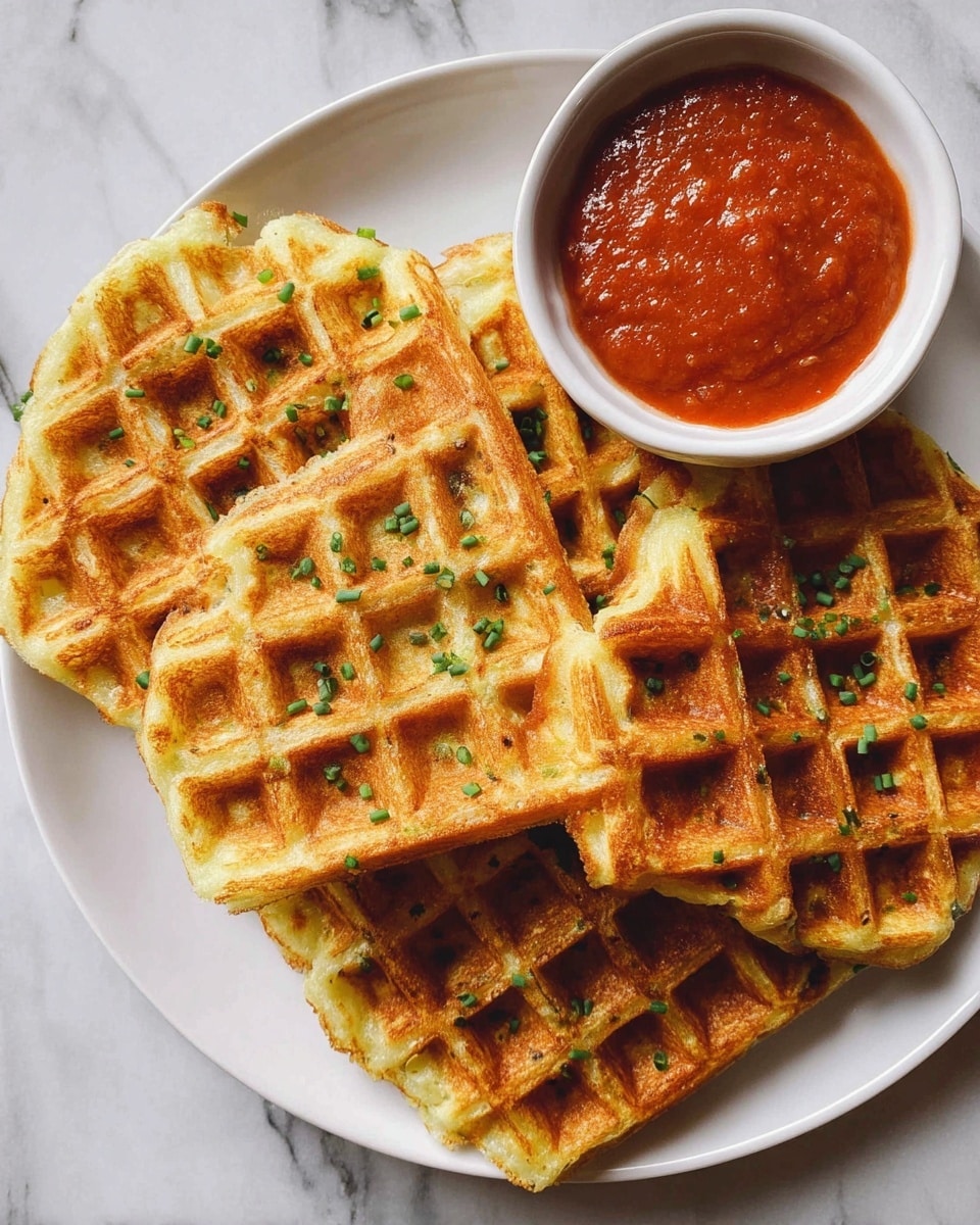 Four golden brown waffles with a crispy texture, sprinkled with small green chive pieces, are stacked slightly overlapping on a white plate. Next to the waffles, a white bowl contains thick red sauce. The whole setup is on a white marbled surface. photo taken with an iphone --ar 4:5 --v 7