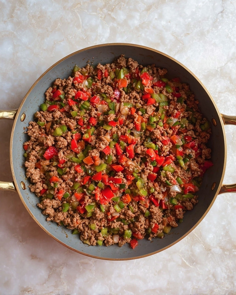 A round grey pan with two golden handles is filled with cooked ground meat mixed with chopped red and green bell peppers and small pieces of onions. The dish has a mix of brown, bright red, and green colors with the texture of crumbly meat and crunchy vegetable pieces, resting on a white marbled surface. photo taken with an iphone --ar 4:5 --v 7