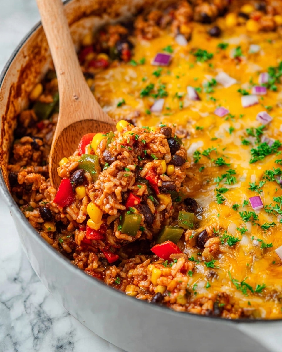 A large white pot filled with a layered dish showing vibrant ingredients like bright yellow corn, red and green bell peppers, and dark black beans mixed with cooked brown ground meat and rice. Part of the dish is covered with a melted golden-yellow cheese layer that looks slightly browned on top, sprinkled with chopped fresh green herbs and small pieces of diced purple onion. A wooden spoon scoops up a portion revealing a mix of all these colorful ingredients with a soft, moist texture. The background surface is white marble. Photo taken with an iphone --ar 4:5 --v 7