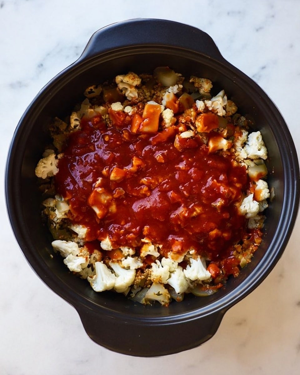 An overhead view of a black cooking pot filled with two layers of food; the bottom layer shows small pieces of light brown cooked food mixed with white cauliflower florets, and the top layer is a thick red sauce spread unevenly across the vegetables. The pot is placed on a white marbled surface. photo taken with an iphone --ar 4:5 --v 7