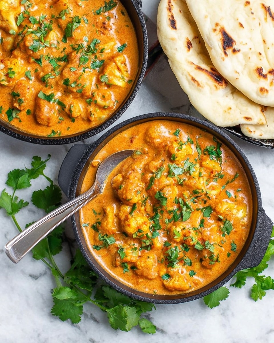 The image shows two black cast iron bowls filled with creamy orange curry that has chunks of vegetables and small cauliflower pieces. The curry is topped with fresh green chopped cilantro. One bowl has a silver spoon inside it, resting on the edge. To the top right, there are pieces of folded flatbread with brown grilled spots on a white marbled surface. Some sprigs of fresh green cilantro are scattered around the bowls. The colors are warm orange, green, and white, with smooth and chunky textures visible. photo taken with an iphone --ar 4:5 --v 7