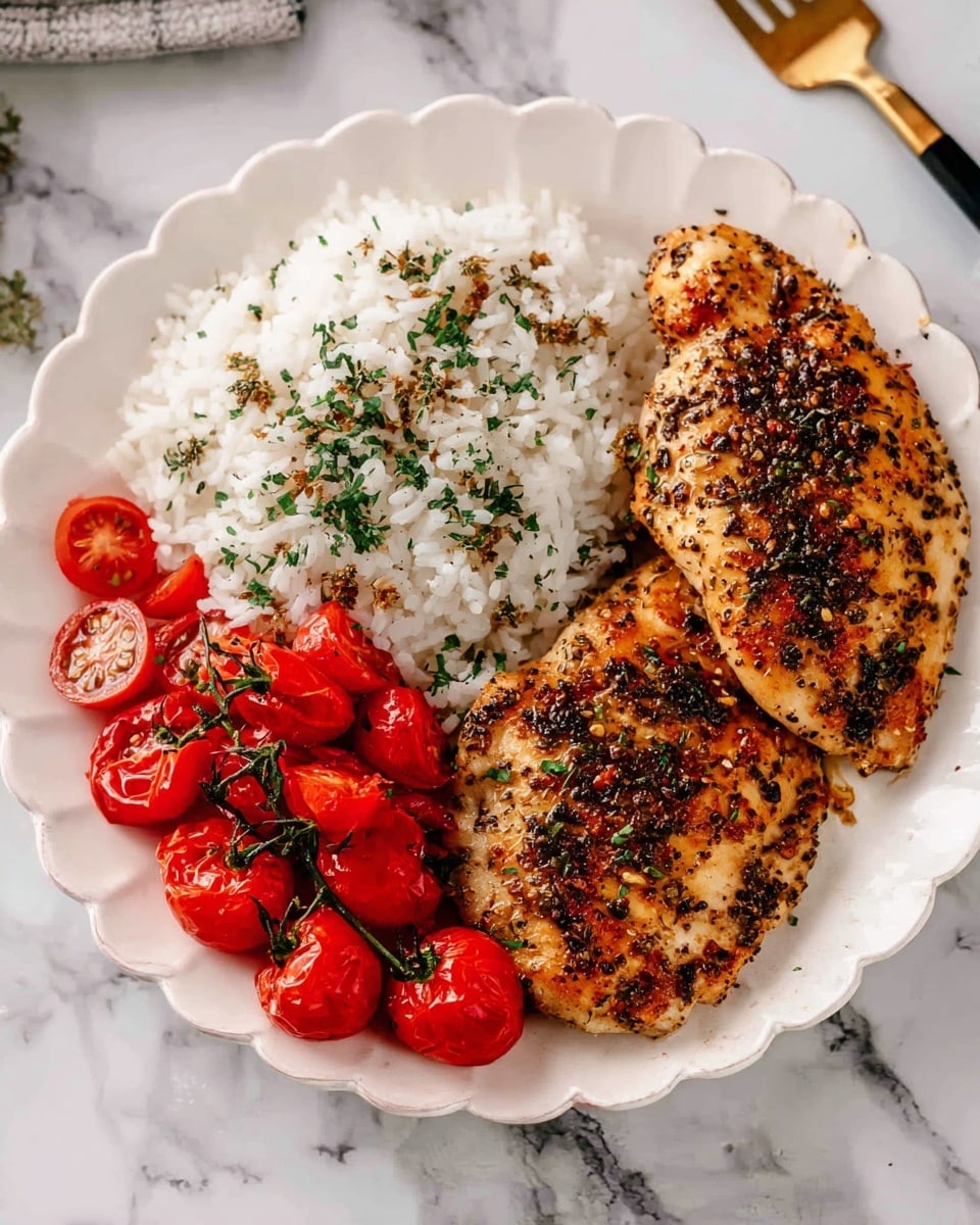 A white scalloped plate holds two browned, seasoned chicken pieces with a speckled texture from black pepper and herbs, placed on the left side. To the right, there is a mound of white rice with a light sprinkle of green herbs. On top of the rice and partially overlapping the chicken, a small bunch of bright red cherry tomatoes on the vine adds a fresh pop of color. Some halved roasted cherry tomatoes are scattered around the chicken, adding a juicy, rich red contrast. The plate is set on a white marbled surface, with a gold and black fork resting nearby. Photo taken with an iphone --ar 4:5 --v 7