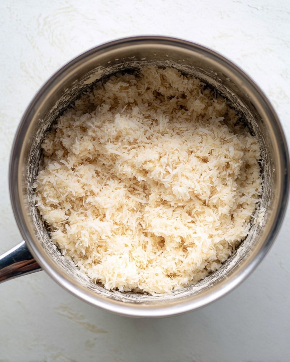 The image shows a close-up top view of a silver pot filled with a mixture that looks like shredded coconut and dough. The texture appears soft and shredded, with small clumps and flakes spread evenly inside the pot. The pot rests on a white marbled surface, and the lighting highlights the rough texture of the mixture and the shiny metallic finish of the pot. Photo taken with an iphone --ar 4:5 --v 7