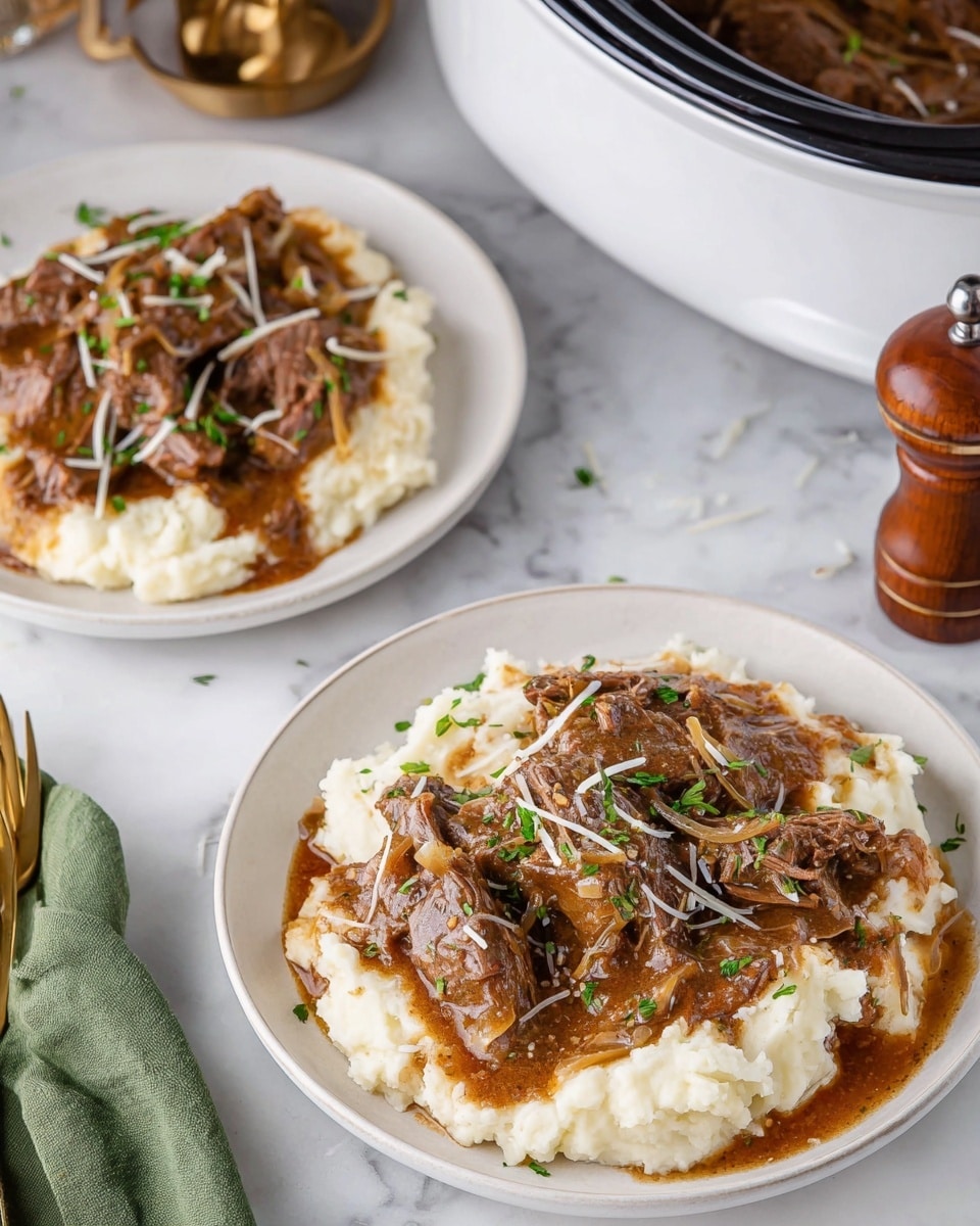 The image shows two white plates of food on a white marbled surface, each plate with a base layer of creamy mashed potatoes that are smooth and white. On top of the mashed potatoes, there is a generous layer of brown beef stew with tender pieces of meat and cooked onions covered in a rich, slightly thick brown gravy. The meat and sauce mix slightly spills over the edges of the mashed potatoes. The dish is garnished with a sprinkle of finely chopped green herbs and small shreds of white cheese, adding texture and color contrast. Nearby, a crockpot filled with more of the beef stew is partially visible, along with gold-colored forks and a green napkin on one side and a wooden pepper grinder on the other. photo taken with an iphone --ar 4:5 --v 7