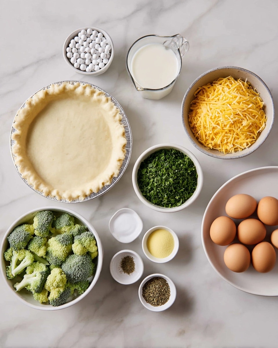 A white pie crust is placed on a white marbled surface, surrounded by six bowls and one plate with cooking ingredients. Starting from the top left, a bowl filled with white round baking beads sits beside a glass measuring cup with milk. The bowl on the top right holds shredded yellow cheddar cheese, and next to it is a smaller bowl packed with chopped green herbs. In the center, a bowl is full of fresh green broccoli florets. In the bottom center, a small white bowl contains four different spices and seasonings in separate sections: green herb mix, white salt, yellow garlic powder, and black pepper. Finally, a white plate on the right side holds six brown eggs arranged randomly. photo taken with an iphone --ar 4:5 --v 7