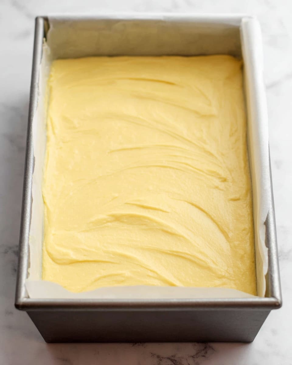 A close-up image of a rectangular metal baking pan filled with smooth, light yellow batter spread evenly across the whole pan surface. The texture of the batter appears creamy and thick with gentle swirls visible on top. The pan is placed on a white marbled surface, with part of the edges and parchment paper lining slightly visible. Photo taken with an iphone --ar 4:5 --v 7