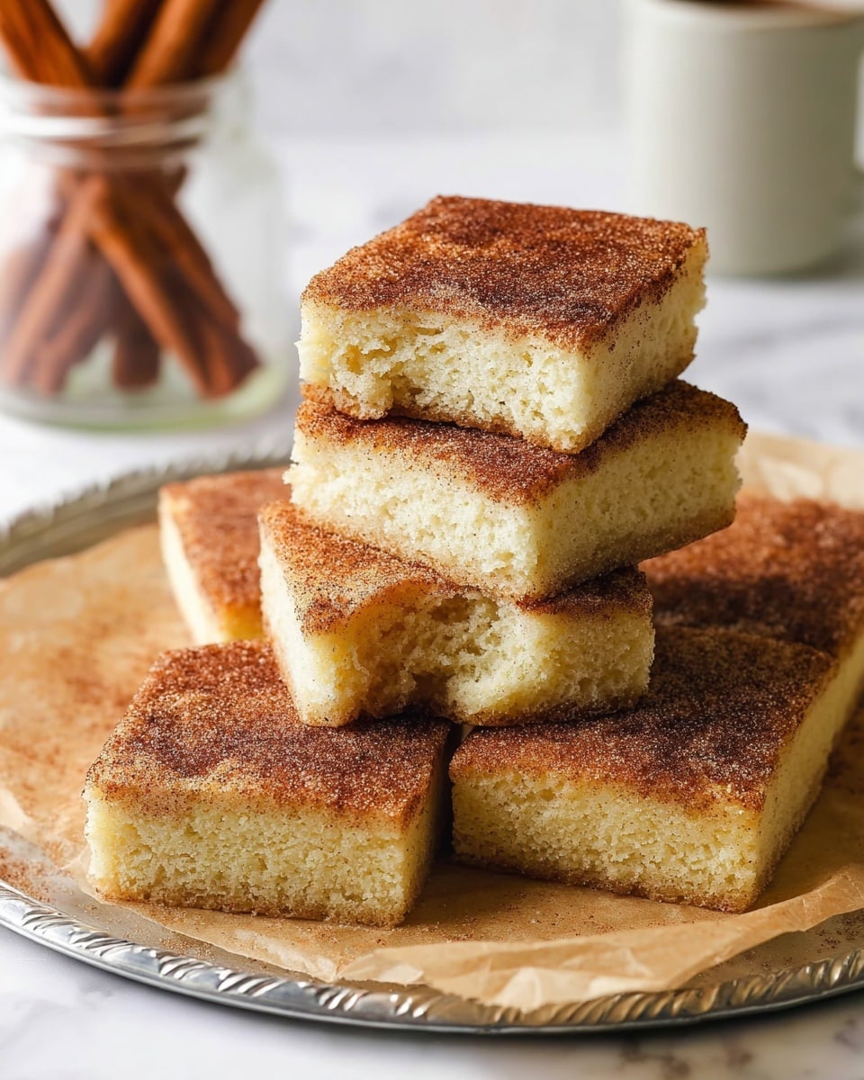 A stack of five soft square cake pieces is shown, each cake has two layers: a light yellow, fluffy base layer and a top layer coated with a thick, even dusting of brown cinnamon sugar. The cakes are arranged irregularly on a sheet of light brown parchment paper that rests on a round silver tray. One cake on top has a bite taken from its corner, revealing the soft, airy inside. In the blurred background, there is a clear jar filled with cinnamon sticks on the left and a white cup on the right, all set on a white marbled surface. photo taken with an iphone --ar 4:5 --v 7