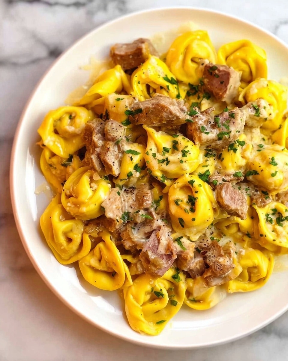 The image shows a white plate filled with yellow tortellini pasta layered evenly as the base. Scattered on top are pieces of light brown creamy meat, mixed in with the pasta. Small green herb pieces are sprinkled over the dish, adding color contrast. The plate sits on a white marbled surface. The photo taken with an iphone --ar 4:5 --v 7
