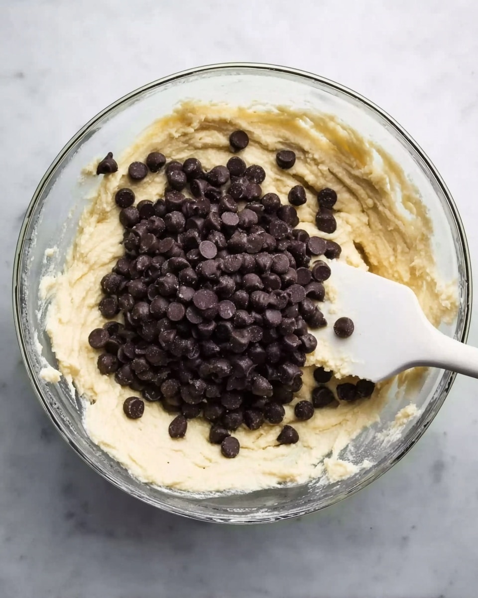 A clear glass bowl sits on a white marbled surface, filled with a thick pale beige batter. On top of the batter is a large pile of dark brown chocolate chips, contrasting sharply with the lighter dough beneath. A white silicone spatula is partially submerged on the right side, its flat broad edge showing batter residue. The mixture looks soft and fresh, with some batter stuck to the sides of the bowl. Photo taken with an iphone --ar 4:5 --v 7
