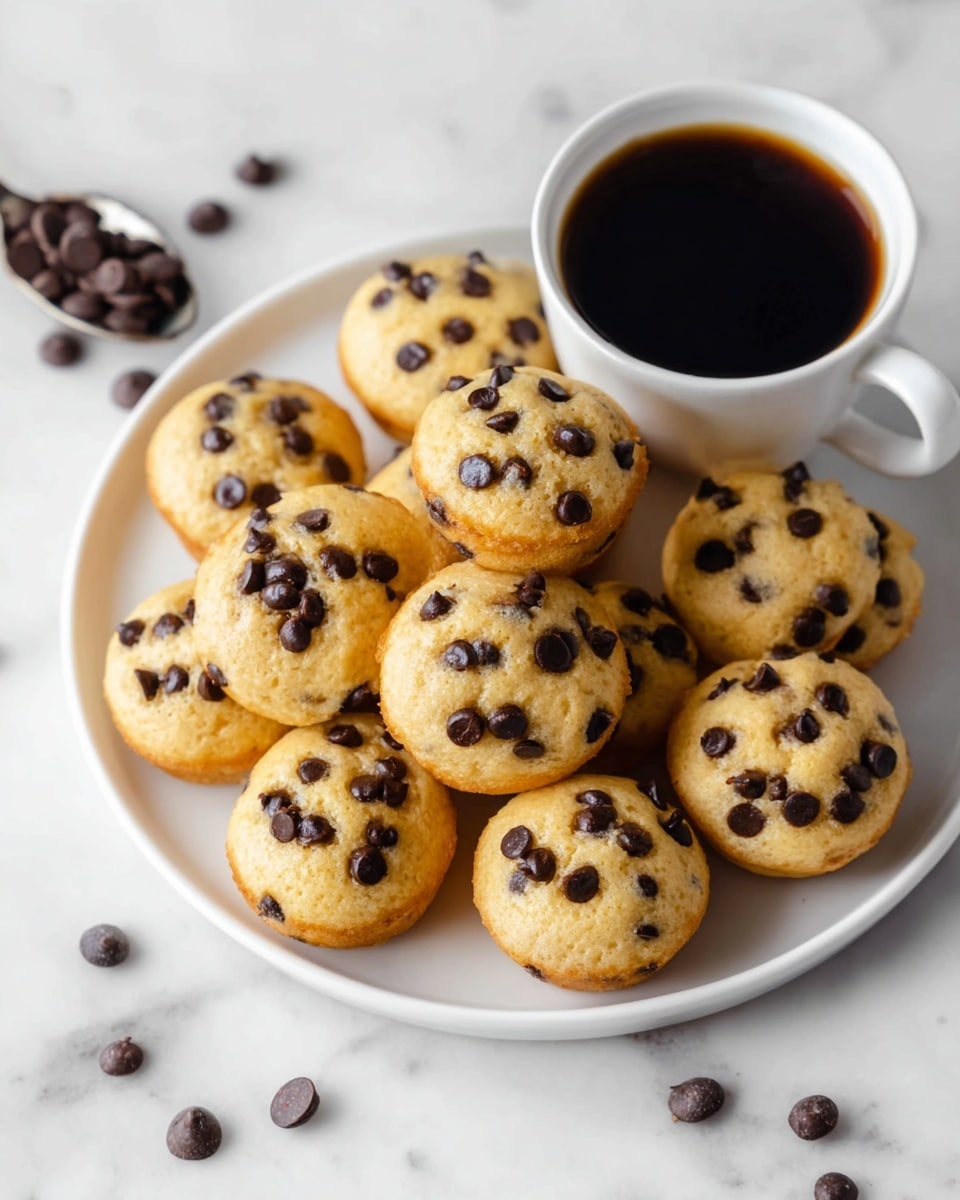 A white plate sits on a white marbled surface, filled with many small, round, light golden-brown mini muffins covered with dark chocolate chips that dot the surface evenly. The muffins are piled around a white cup filled with dark black coffee, creating a nice contrast. A few chocolate chips are scattered loosely on the marble around the plate. The muffins have a soft rough texture, and the coffee is smooth and glossy. Photo taken with an iphone --ar 4:5 --v 7