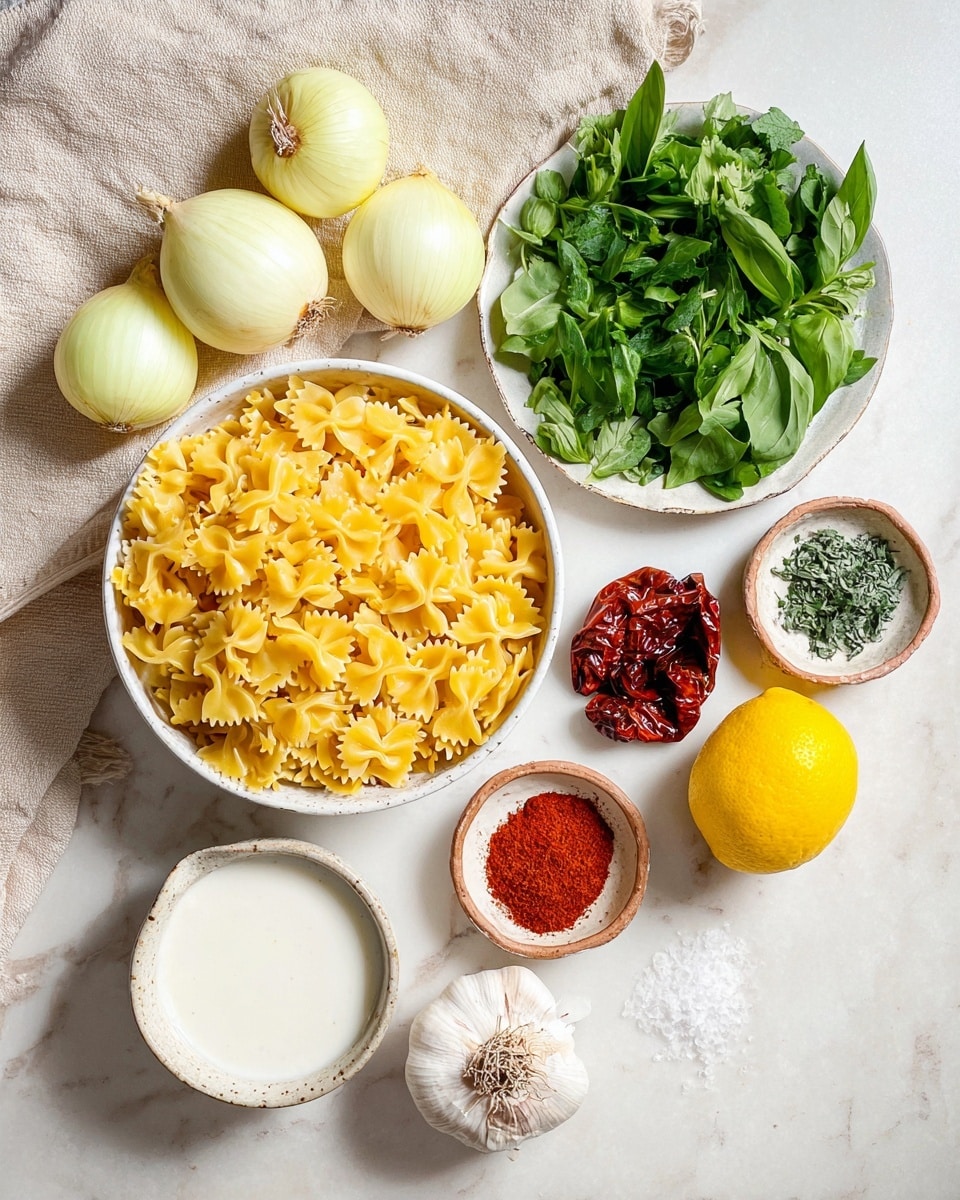 The image shows a white bowl filled with dry, yellow farfalle pasta at the center bottom. To the top right, there is a white plate holding fresh green herbs, including basil and parsley. Surrounding these main items are several onions with pale yellow skin on the left side, a bright yellow lemon below them, and a whole garlic bulb below the lemon. Near the bottom center are two small bowls: one containing dried red chili or sun-dried tomatoes and the other containing a bright red powdered spice, possibly paprika. Next to these bowls is a small ceramic dish with green herbs and coarse salt. A white bowl with a white liquid, likely cream or milk, sits near the pasta. The entire setup is on a white marbled surface with a beige cloth to the top left. photo taken with an iphone --ar 4:5 --v 7