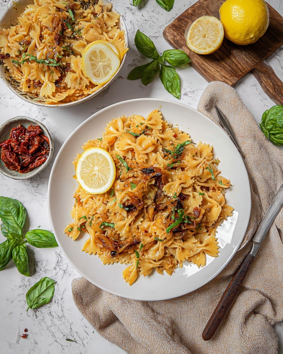 The image shows a white round plate filled with farfalle pasta mixed with a light orange sauce, browned caramelized onions, and bits of herbs, topped with fresh green basil leaves. A thin lemon slice is placed on the edge of the plate. Nearby, there is a white bowl with the same pasta topped with lemon slices and basil leaves. Around the plate, there are scattered fresh basil leaves, a small bowl with a lemon and basil, a wooden cutting board with a knife and a lemon wedge, and sun-dried tomatoes in a small dish. The setting is on a white marbled surface with a beige cloth draped casually. Photo taken with an iphone --ar 4:5 --v 7
