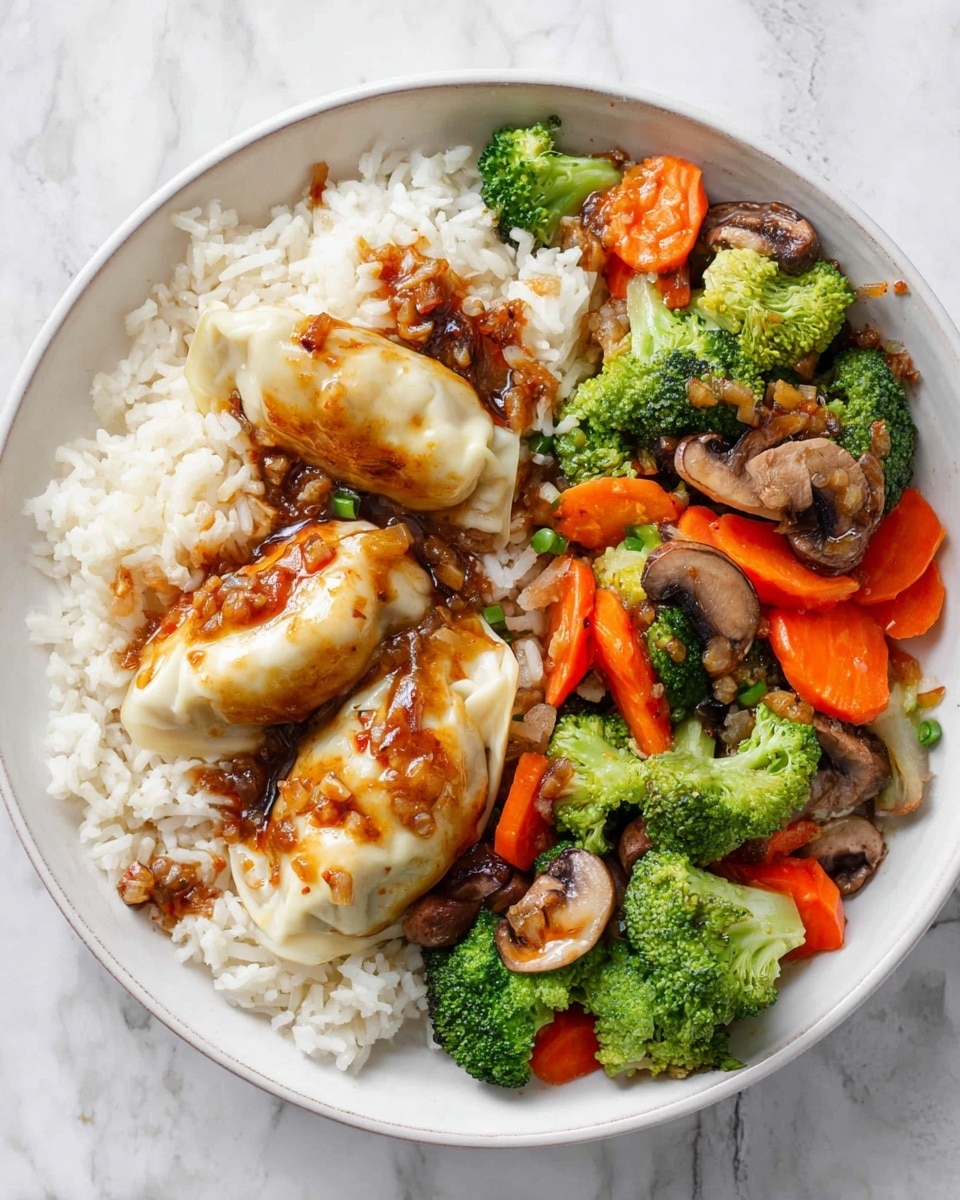 A white shallow bowl holds a serving of fluffy white rice on the left side, while on the right side there is a mix of colorful steamed vegetables including bright green broccoli, orange carrot slices, and brown mushroom pieces. On top of the vegetables and rice, there are three golden-brown dumplings drizzled with a chunky brown sauce that looks like it has small bits of garlic or seasoning. The dish sits on a white marbled surface. photo taken with an iphone --ar 4:5 --v 7